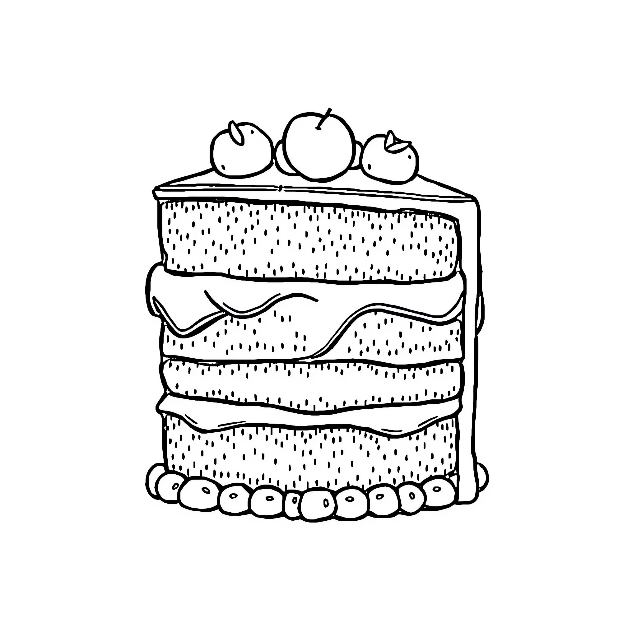 Cake with layered dessert and fruit topping Coloring Page (free black-and-white line drawing printable PDF for all, from beginners to advanced learners, including children, teens, adults, and seniors)