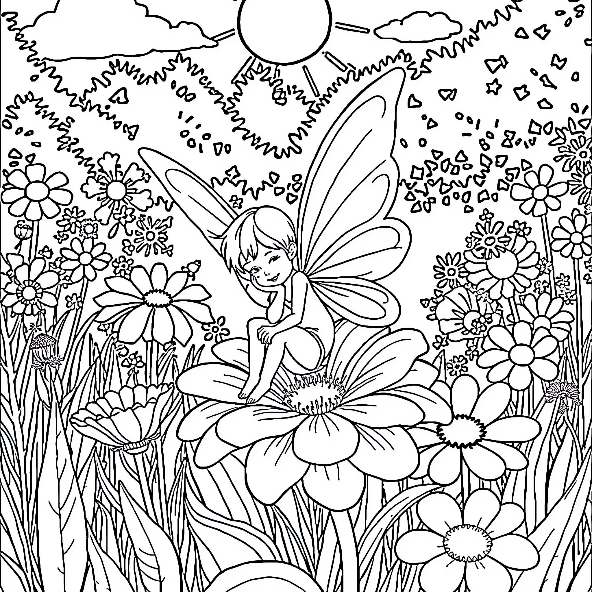 Fairy resting on a flower in a whimsical garden Coloring Page (free black-and-white line drawing printable PDF for all, from beginners to advanced learners, including children, teens, adults, and seniors)