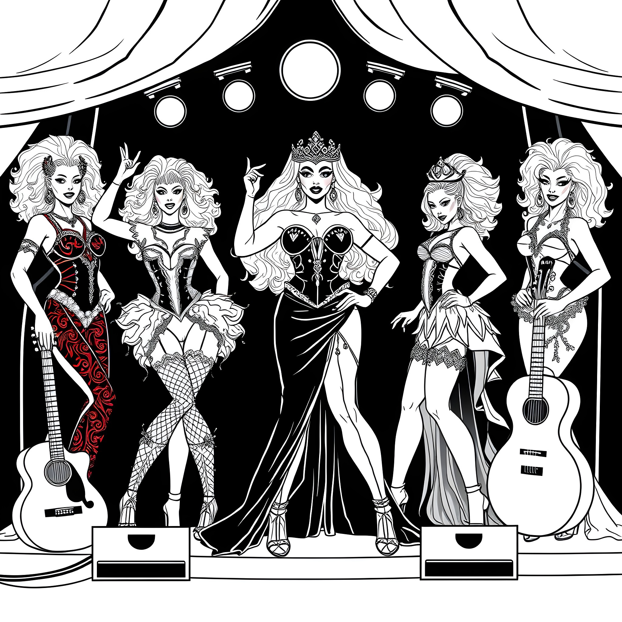 Queen of the Night: A Theatrical Showcase Coloring Page (free black-and-white line drawing printable PDF for all, from beginners to advanced learners, including children, teens, adults, and seniors)