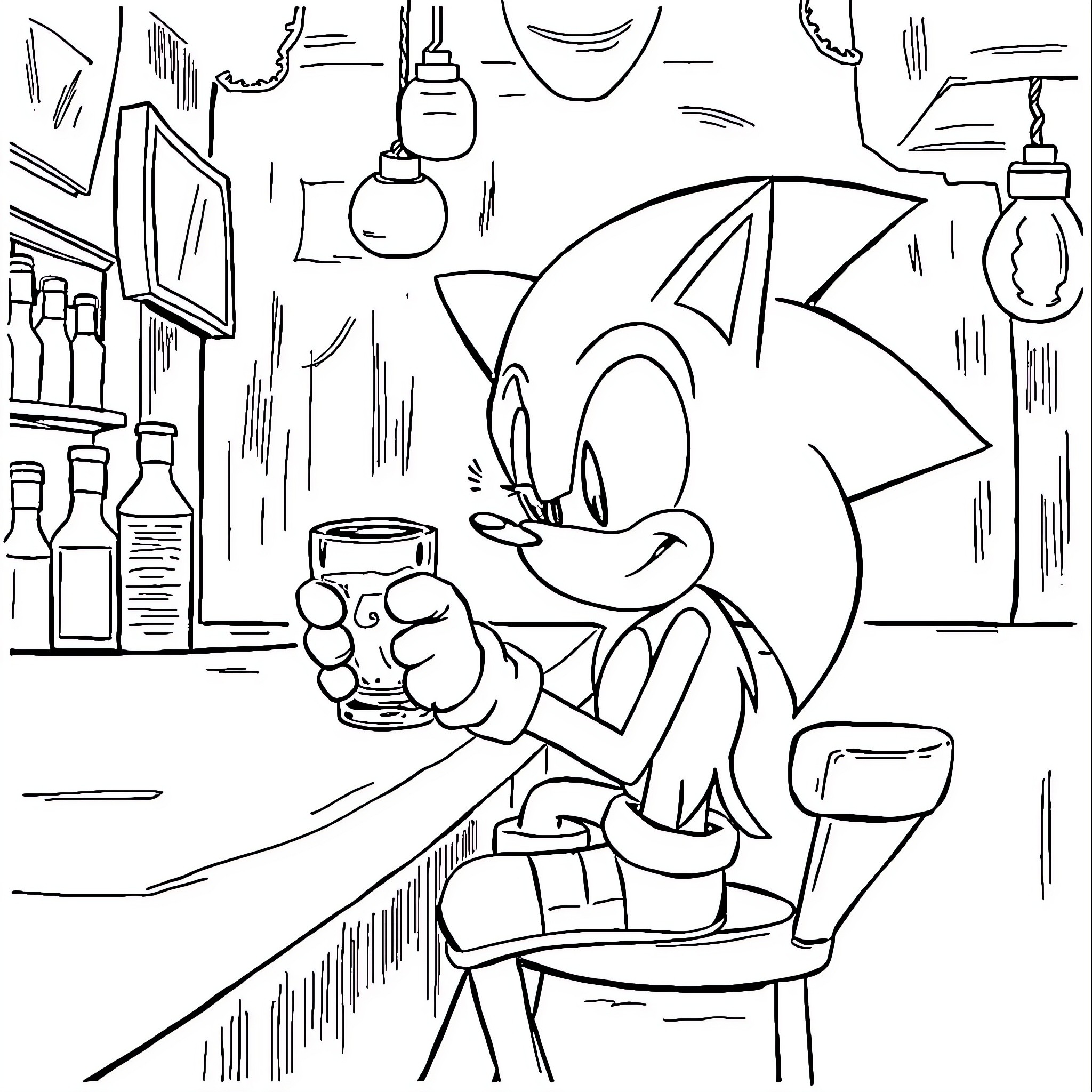 Sonic enjoying a drink in a lively setting Coloring Page (free black-and-white line drawing printable PDF for all, from beginners to advanced learners, including children, teens, adults, and seniors)