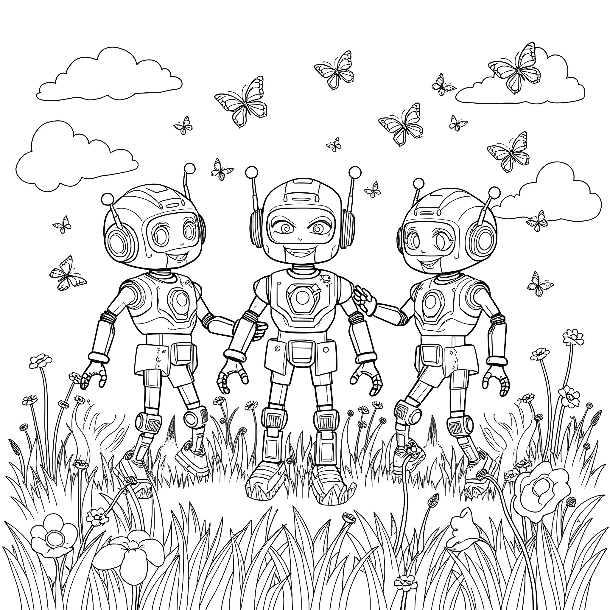 Robot Friends Enjoying Nature Coloring Page (free black-and-white line drawing printable PDF for all, from beginners to advanced learners, including children, teens, adults, and seniors)