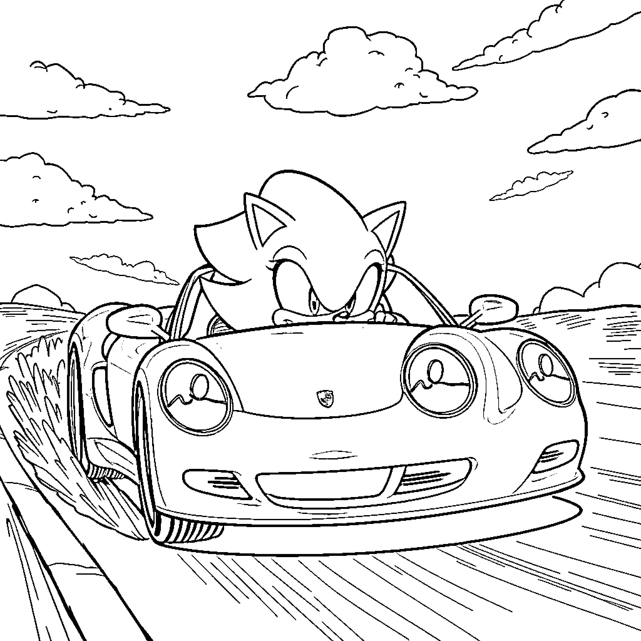Sonic speeding in a sports car on the road Coloring Page (free black-and-white line drawing printable PDF for all, from beginners to advanced learners, including children, teens, adults, and seniors)