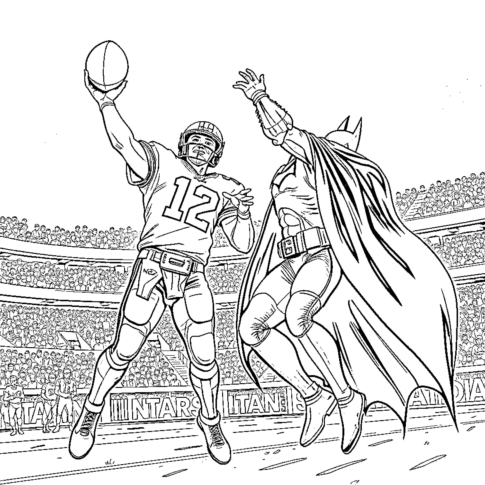 Eli Manning battles superhero in football stadium Coloring Page (free black-and-white line drawing printable PDF for all, from beginners to advanced learners, including children, teens, adults, and seniors)