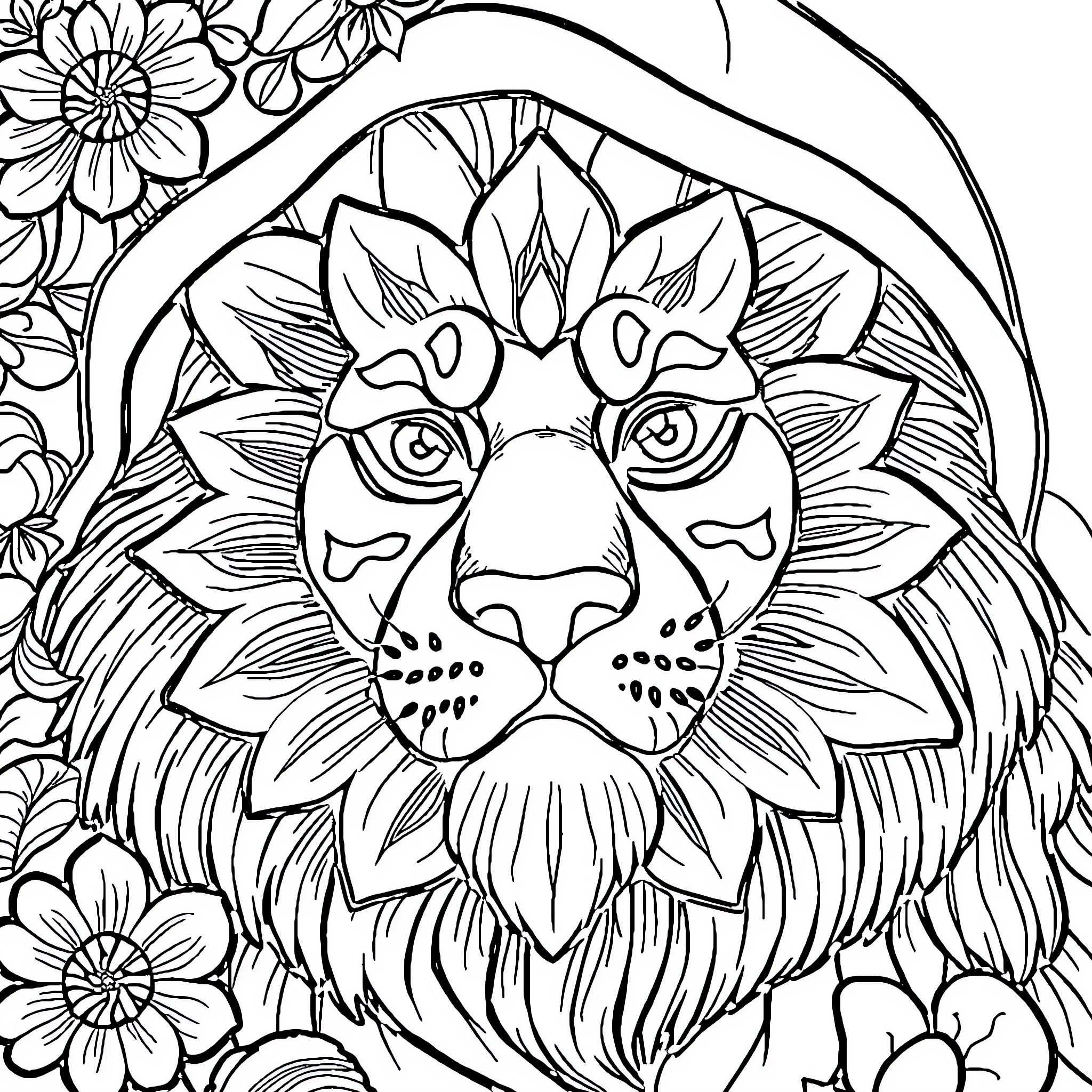 Doctor Examining Ornate Floral Lion Illustration Coloring Page (free black-and-white line drawing printable PDF for all, from beginners to advanced learners, including children, teens, adults, and seniors)