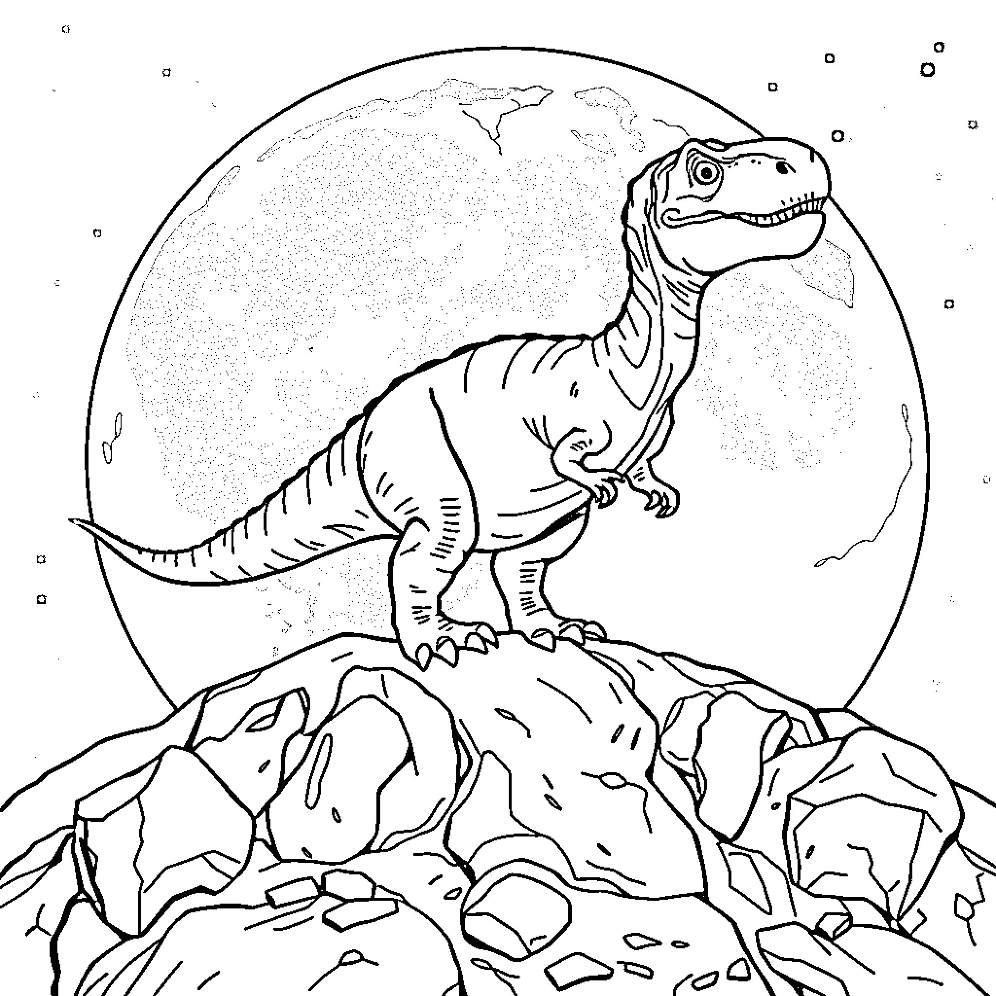 Dinosaur standing on rocky terrain with moon in background Coloring Page (free black-and-white line drawing printable PDF for all, from beginners to advanced learners, including children, teens, adults, and seniors)