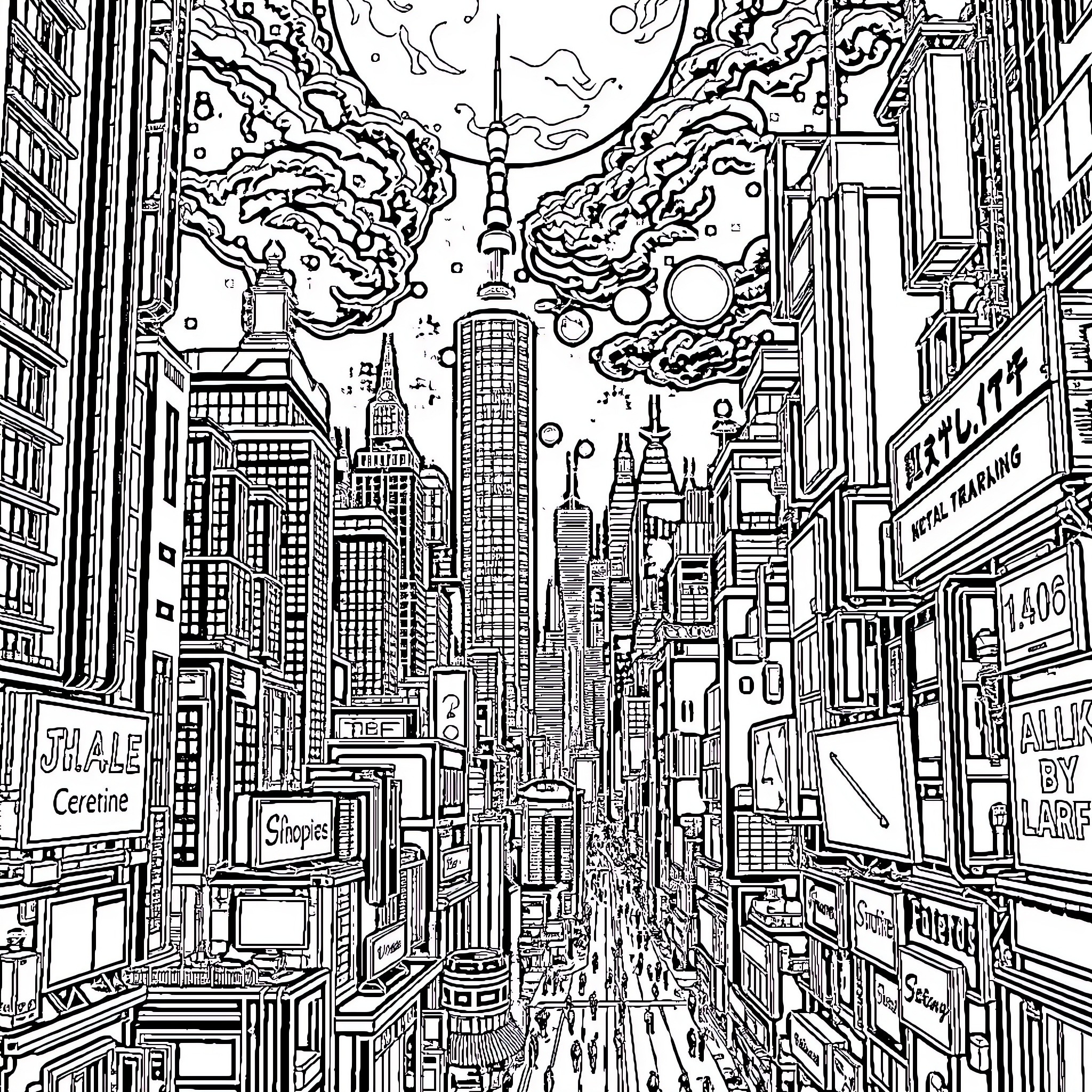 Cyberpunk City Skyline Illustration Coloring Page (free black-and-white line drawing printable PDF for all, from beginners to advanced learners, including children, teens, adults, and seniors)