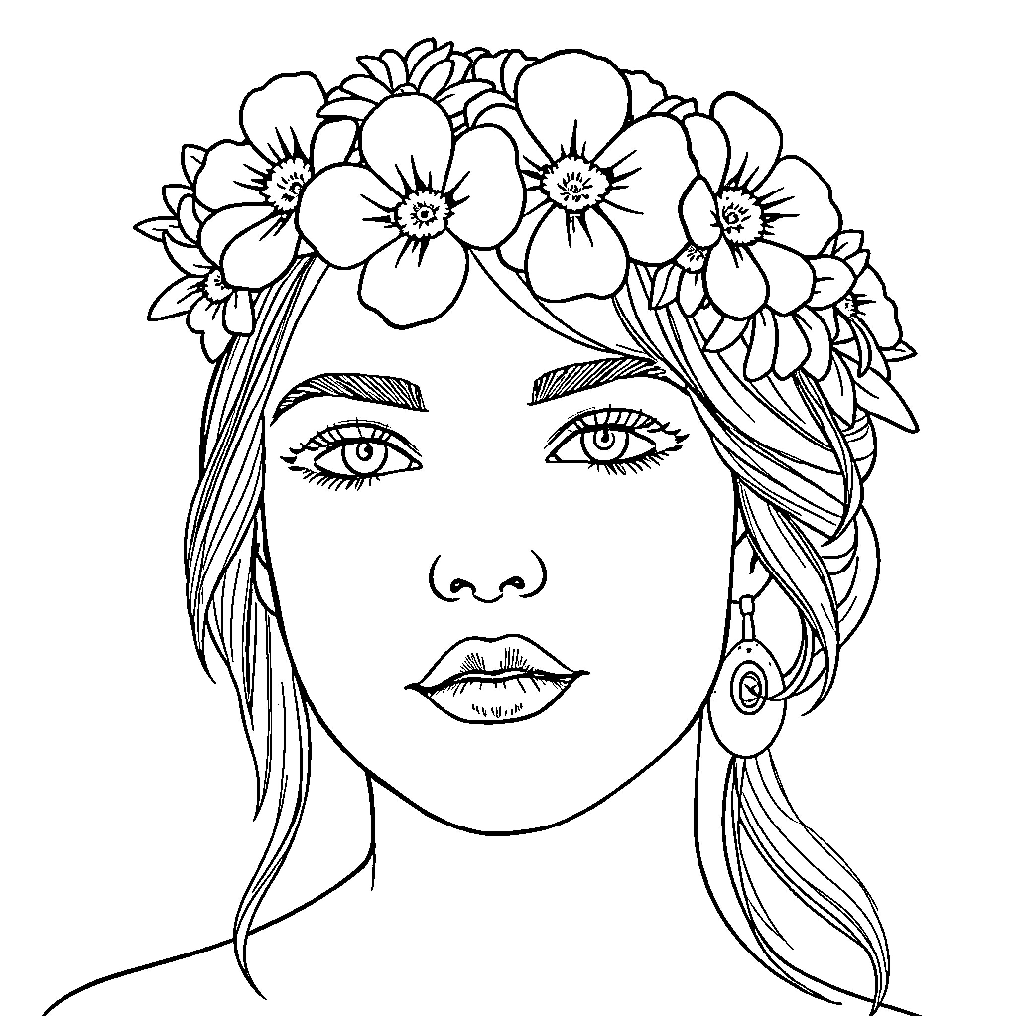 Headband with floral design on woman's face Coloring Page (free black-and-white line drawing printable PDF for all, from beginners to advanced learners, including children, teens, adults, and seniors)