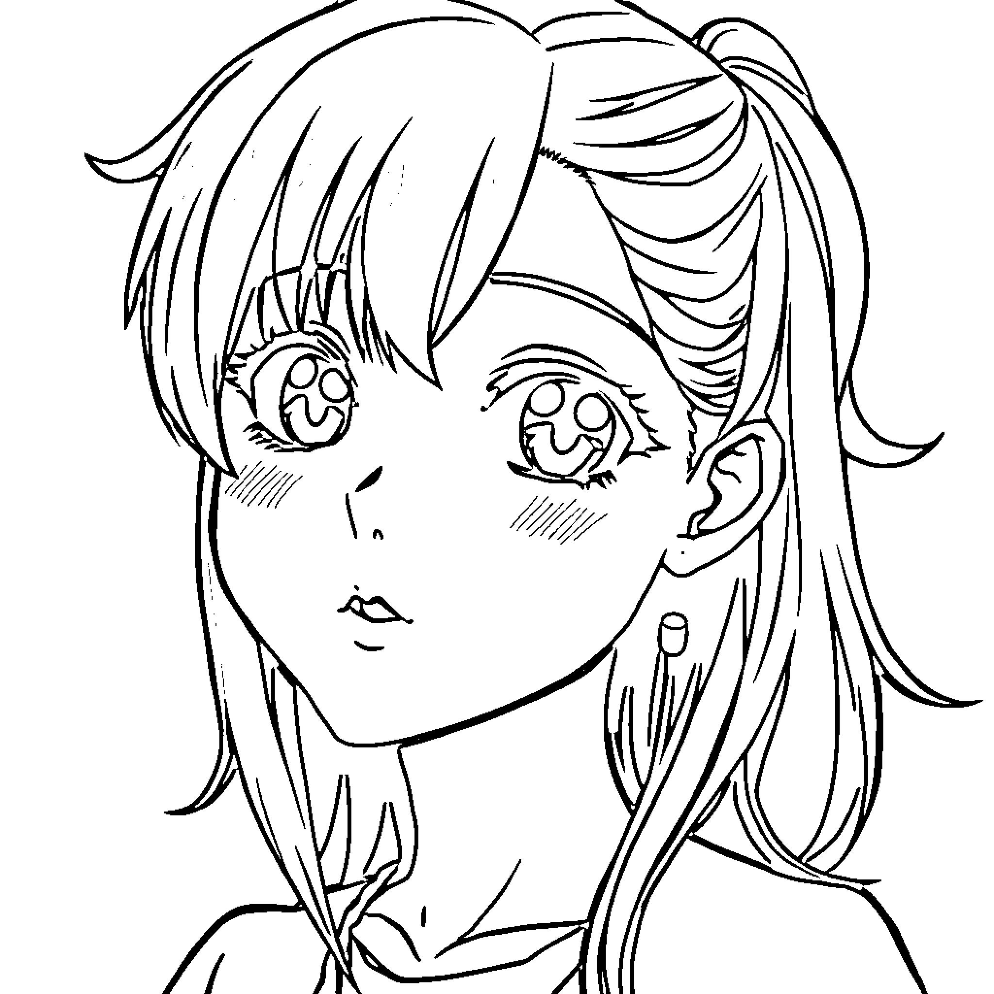 Anime Girl with Expressive Eyes Coloring Page (free black-and-white line drawing printable PDF for all, from beginners to advanced learners, including children, teens, adults, and seniors)