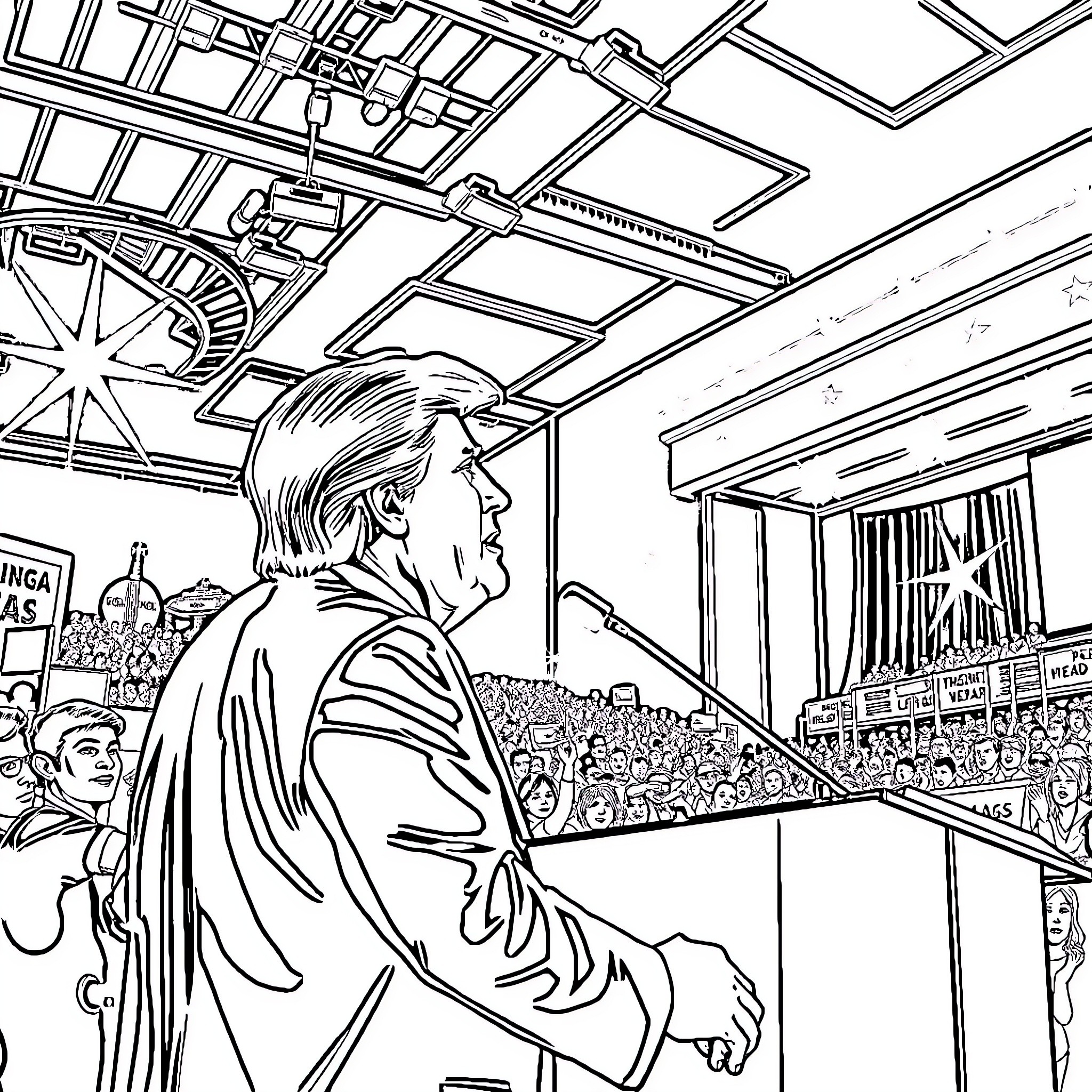 Donald Trump speaking to a crowd at a podium Coloring Page (free black-and-white line drawing printable PDF for all, from beginners to advanced learners, including children, teens, adults, and seniors)