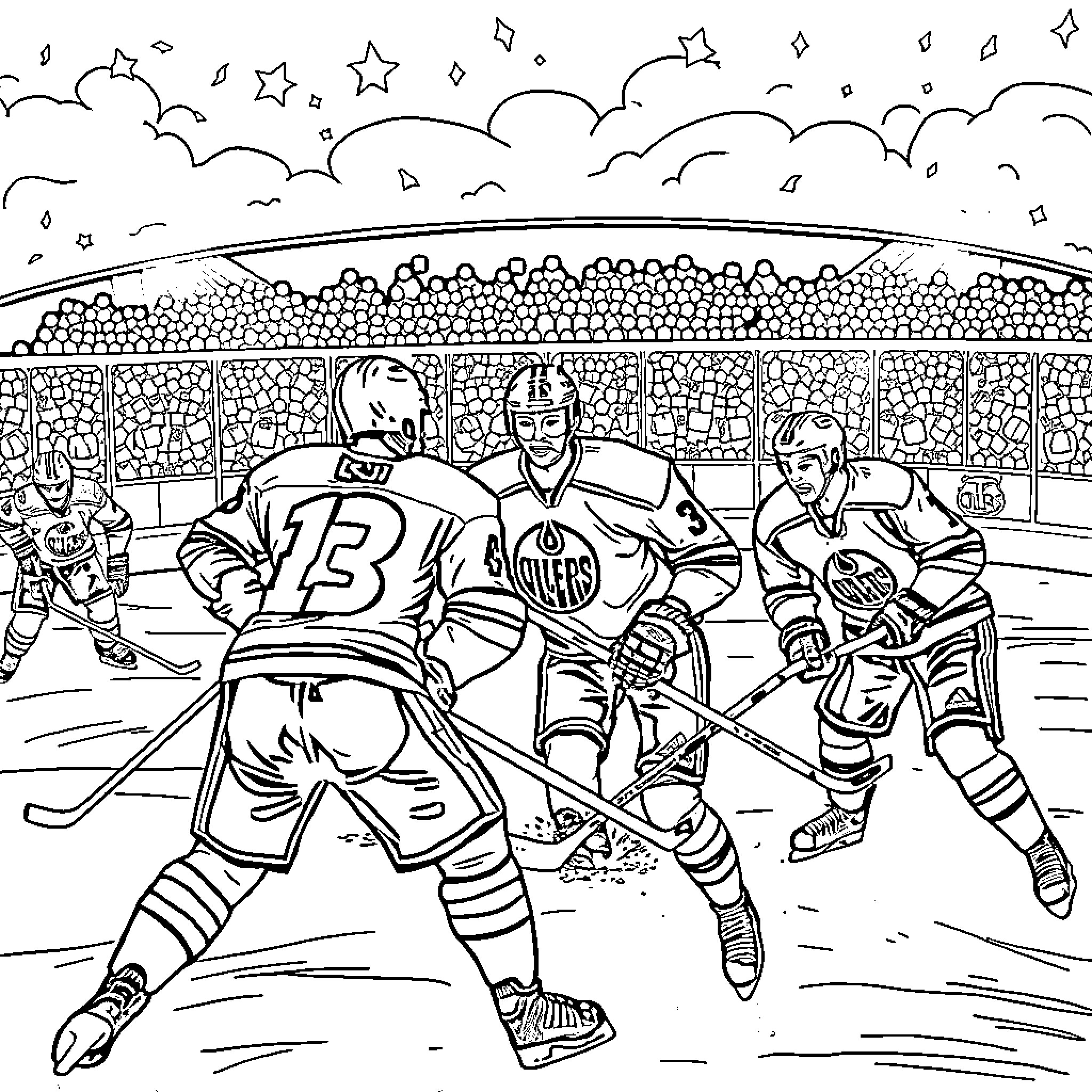 Oilers Engaged in Intense Hockey Match Coloring Page (free black-and-white line drawing printable PDF for all, from beginners to advanced learners, including children, teens, adults, and seniors)