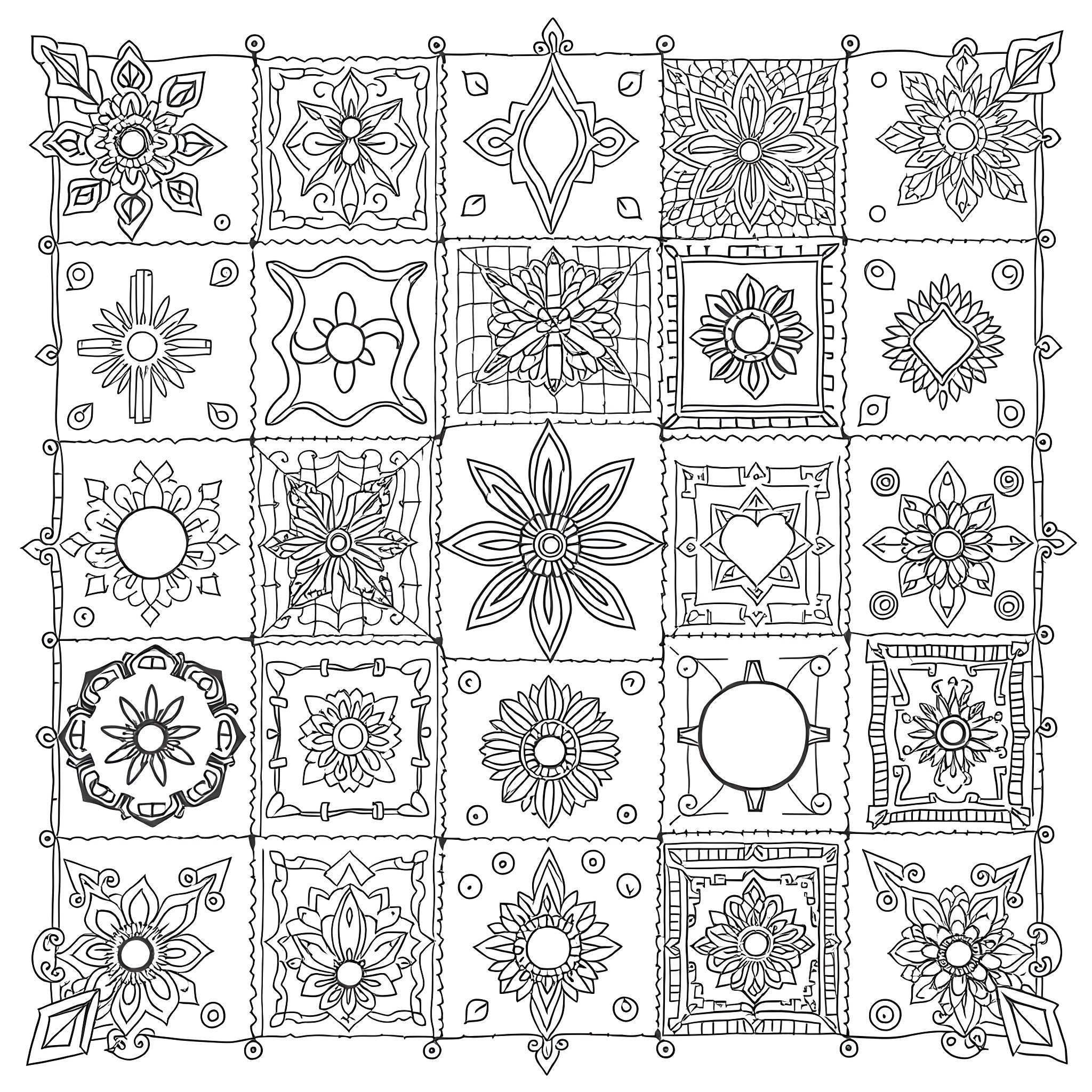 Patchwork of Intricate Floral Designs Coloring Page (free black-and-white line drawing printable PDF for all, from beginners to advanced learners, including children, teens, adults, and seniors)