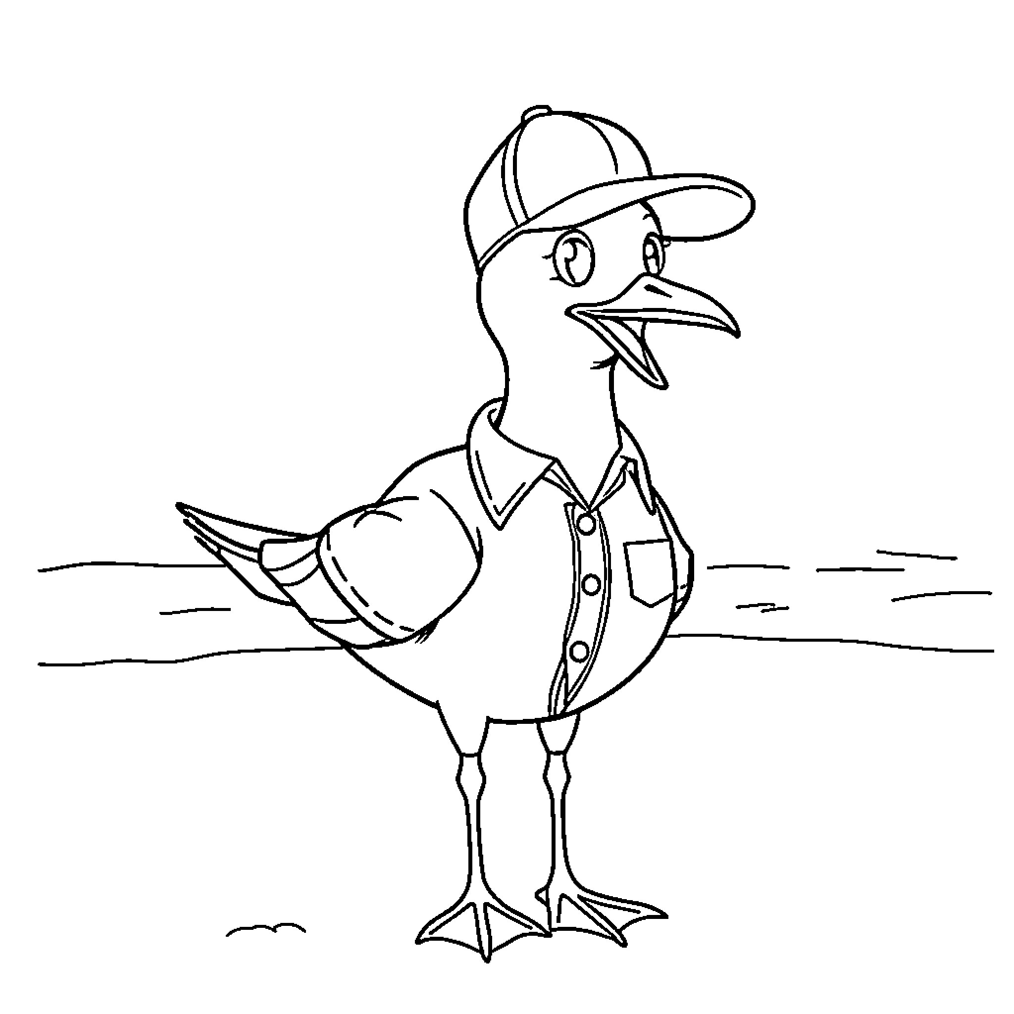 Seagull in a baseball cap Coloring Page (free black-and-white line drawing printable PDF for all, from beginners to advanced learners, including children, teens, adults, and seniors)