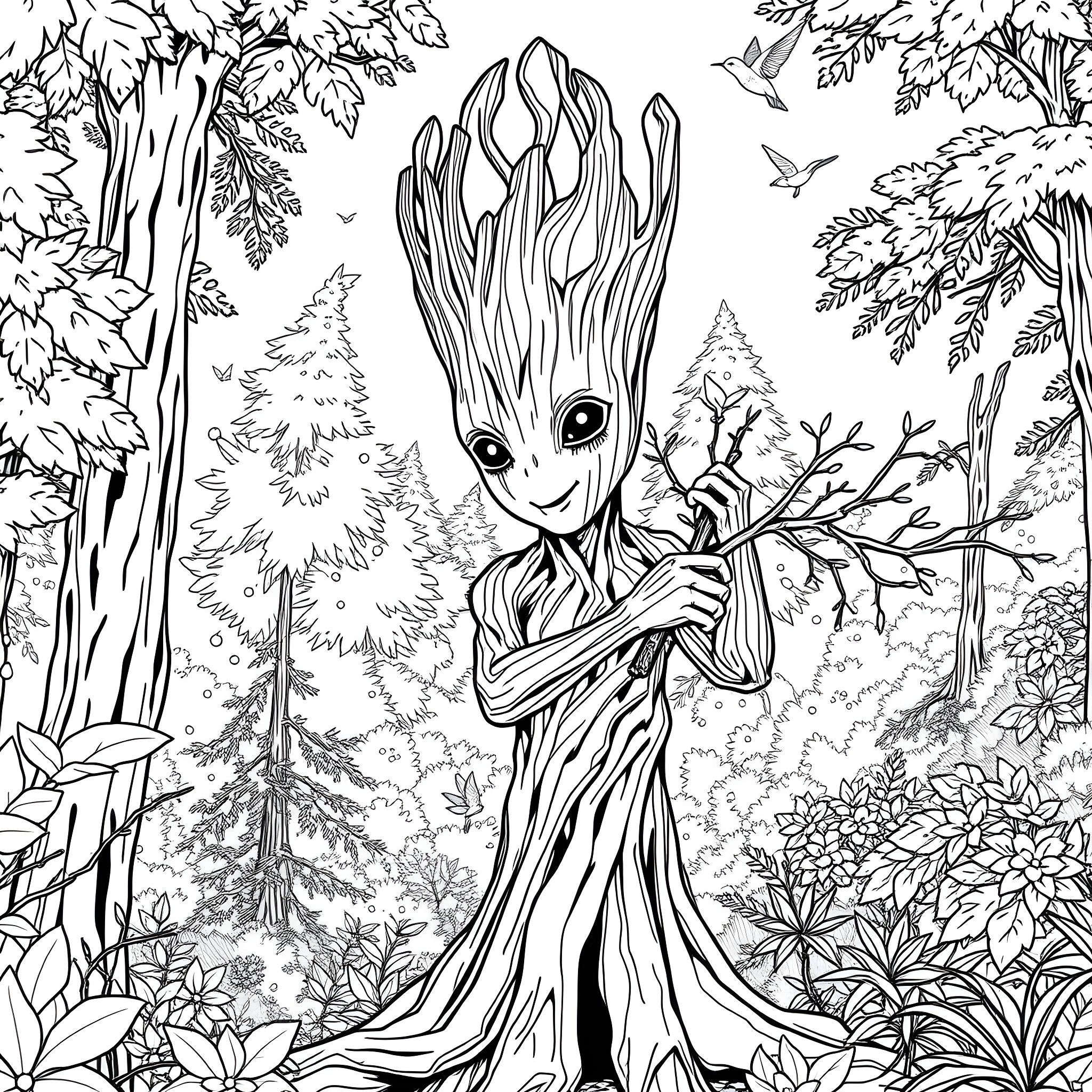 Groot exploring the enchanted forest Coloring Page (free black-and-white line drawing printable PDF for all, from beginners to advanced learners, including children, teens, adults, and seniors)