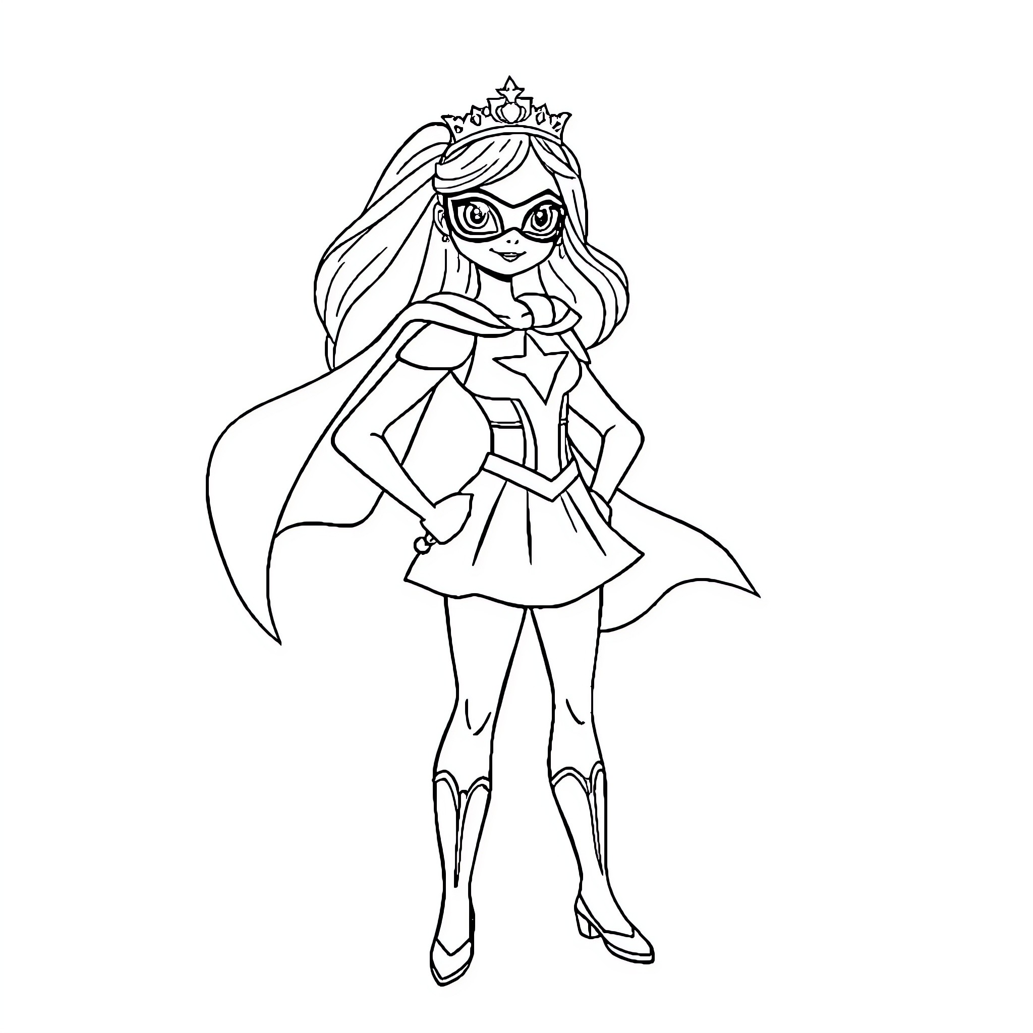 Princess in Superhero Costume Striking a Pose Coloring Page (free black-and-white line drawing printable PDF for all, from beginners to advanced learners, including children, teens, adults, and seniors)