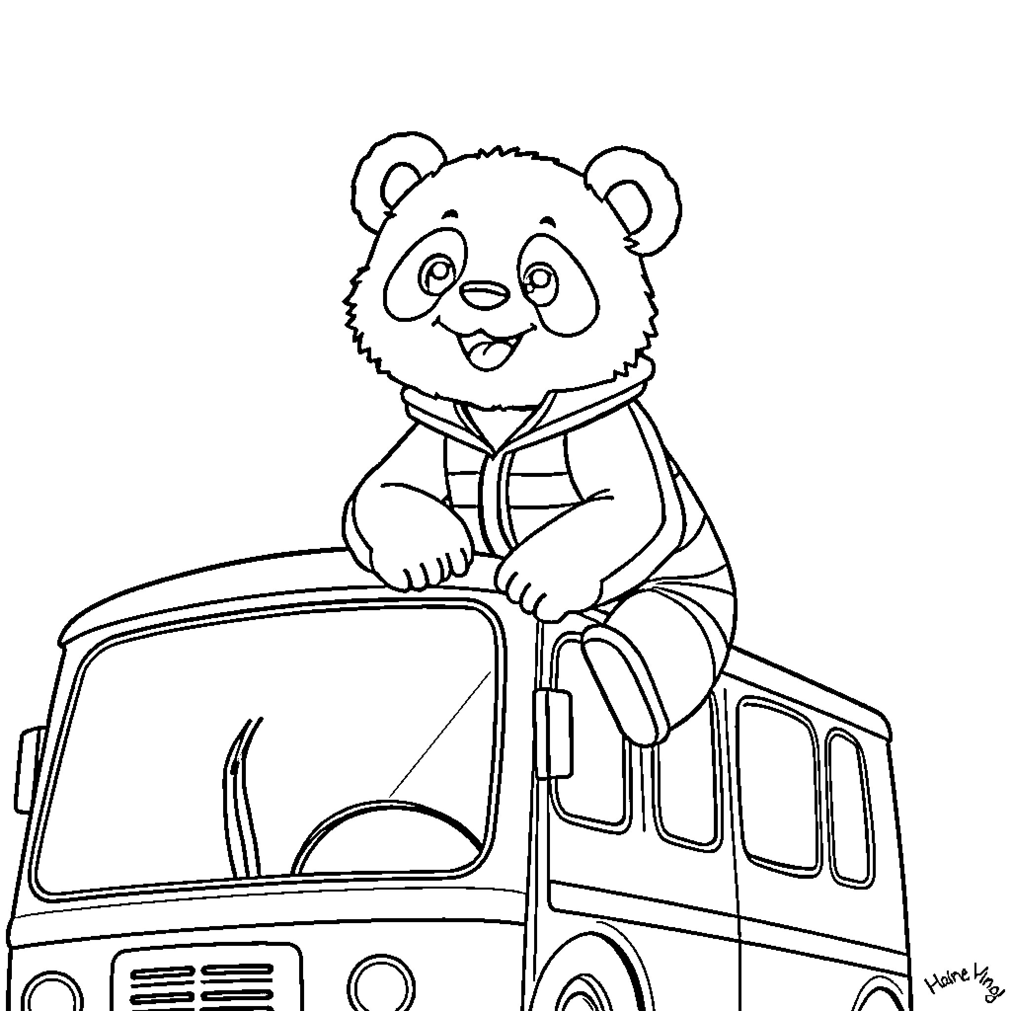 Panda riding a fun vehicle Coloring Page (free black-and-white line drawing printable PDF for all, from beginners to advanced learners, including children, teens, adults, and seniors)