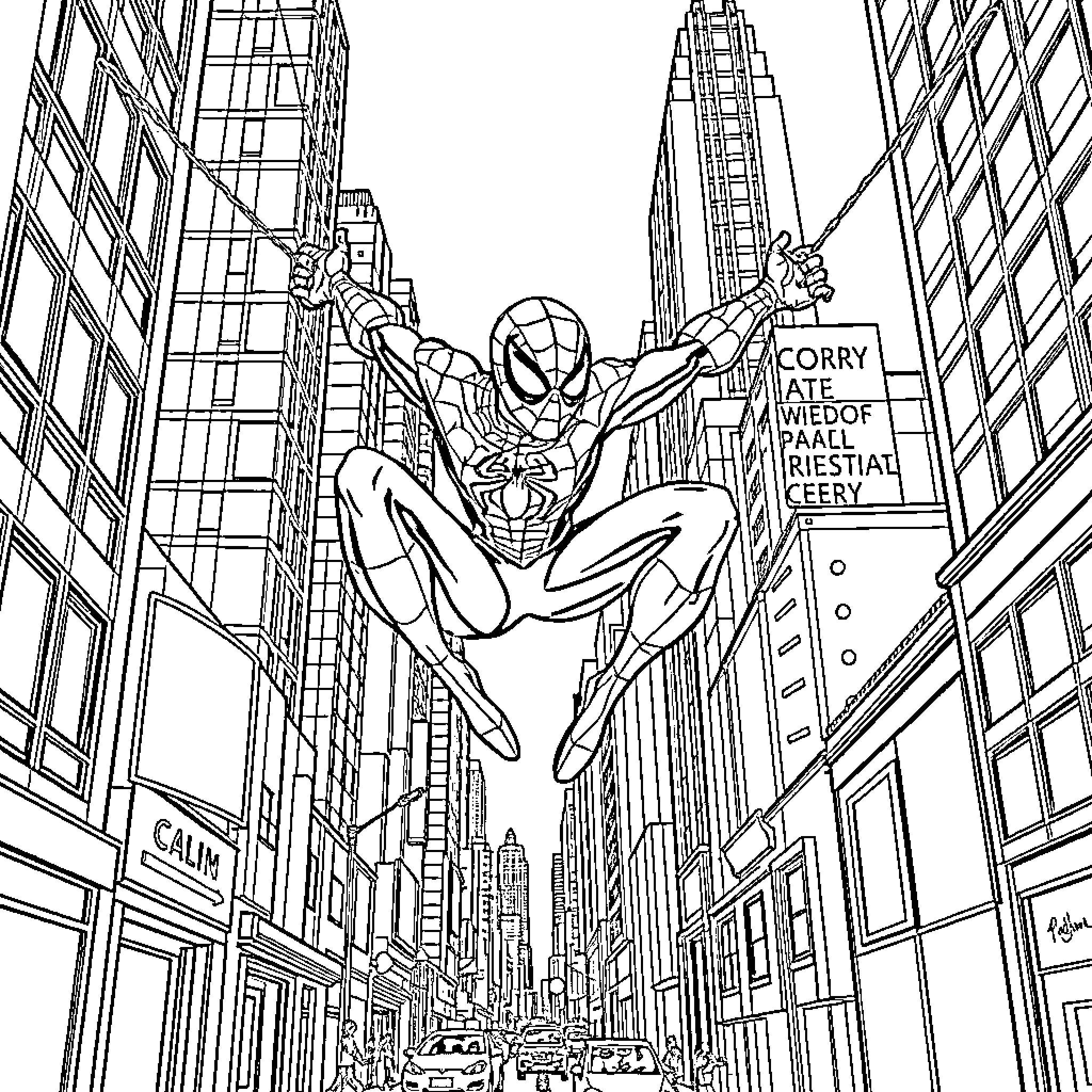 Spiderman swinging through the city skyline Coloring Page (free black-and-white line drawing printable PDF for all, from beginners to advanced learners, including children, teens, adults, and seniors)