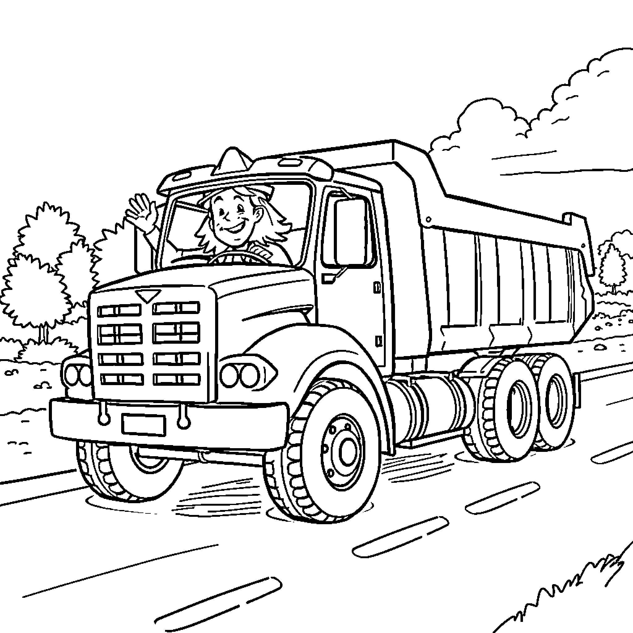Dump Truck Carrying Cargo on the Road Coloring Page (free black-and-white line drawing printable PDF for all, from beginners to advanced learners, including children, teens, adults, and seniors)