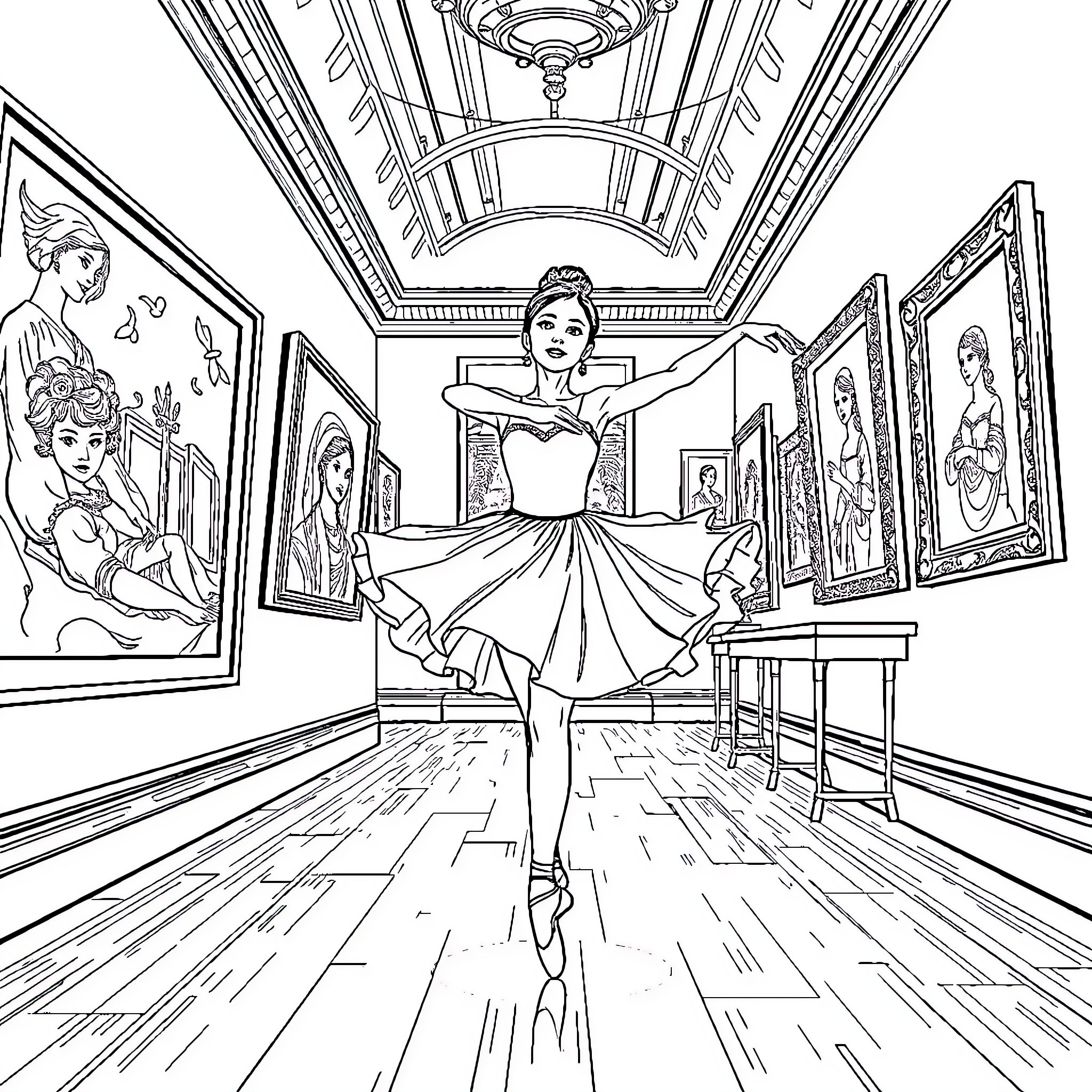 Ballerina Performing in Ornate Art Gallery Coloring Page (free black-and-white line drawing printable PDF for all, from beginners to advanced learners, including children, teens, adults, and seniors)