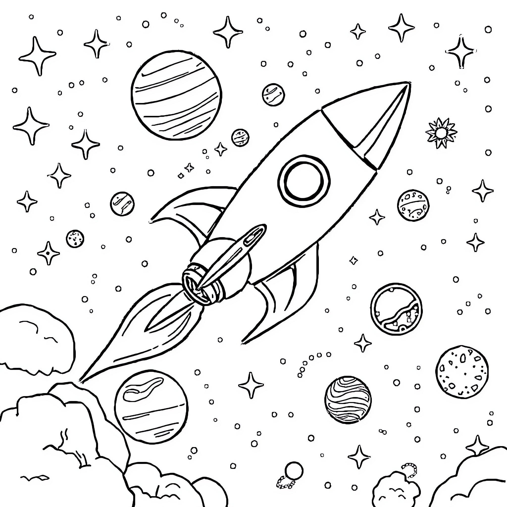 Rocketship soaring through the starry galaxy Coloring Page (free black-and-white line drawing printable PDF for all, from beginners to advanced learners, including children, teens, adults, and seniors)