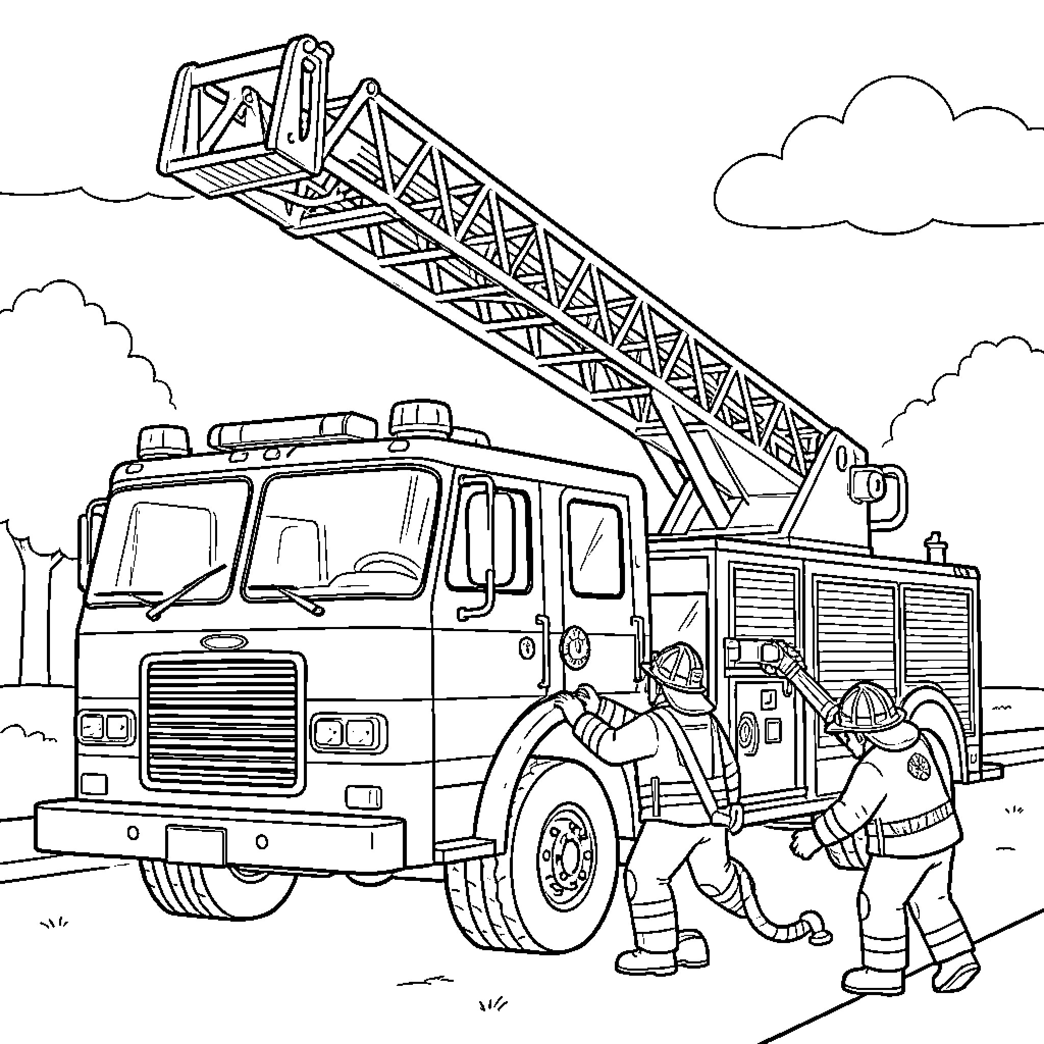 Fire Truck being operated by two firefighters Coloring Page (free black-and-white line drawing printable PDF for all, from beginners to advanced learners, including children, teens, adults, and seniors)