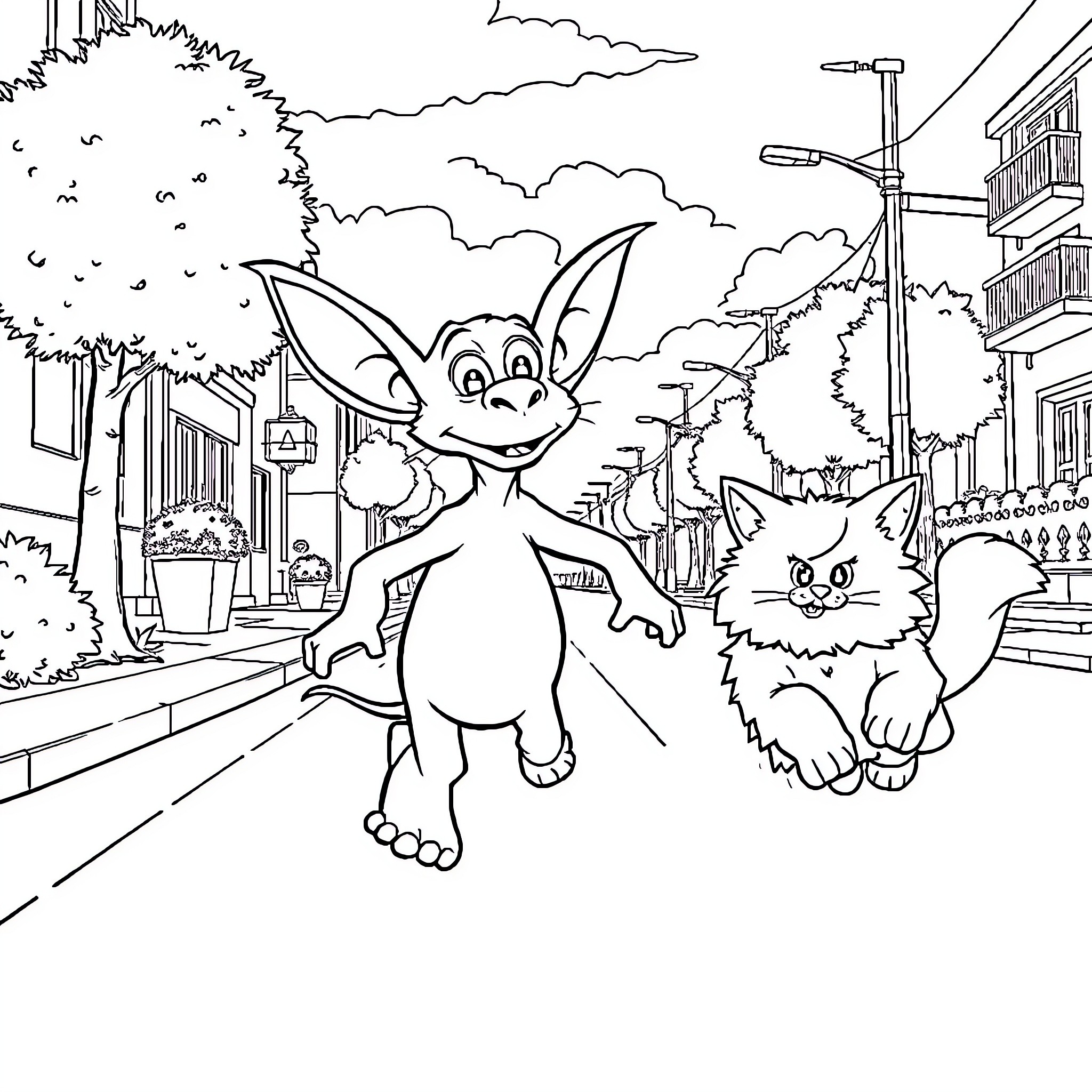 Alf and his furry friend explore the town Coloring Page (free black-and-white line drawing printable PDF for all, from beginners to advanced learners, including children, teens, adults, and seniors)