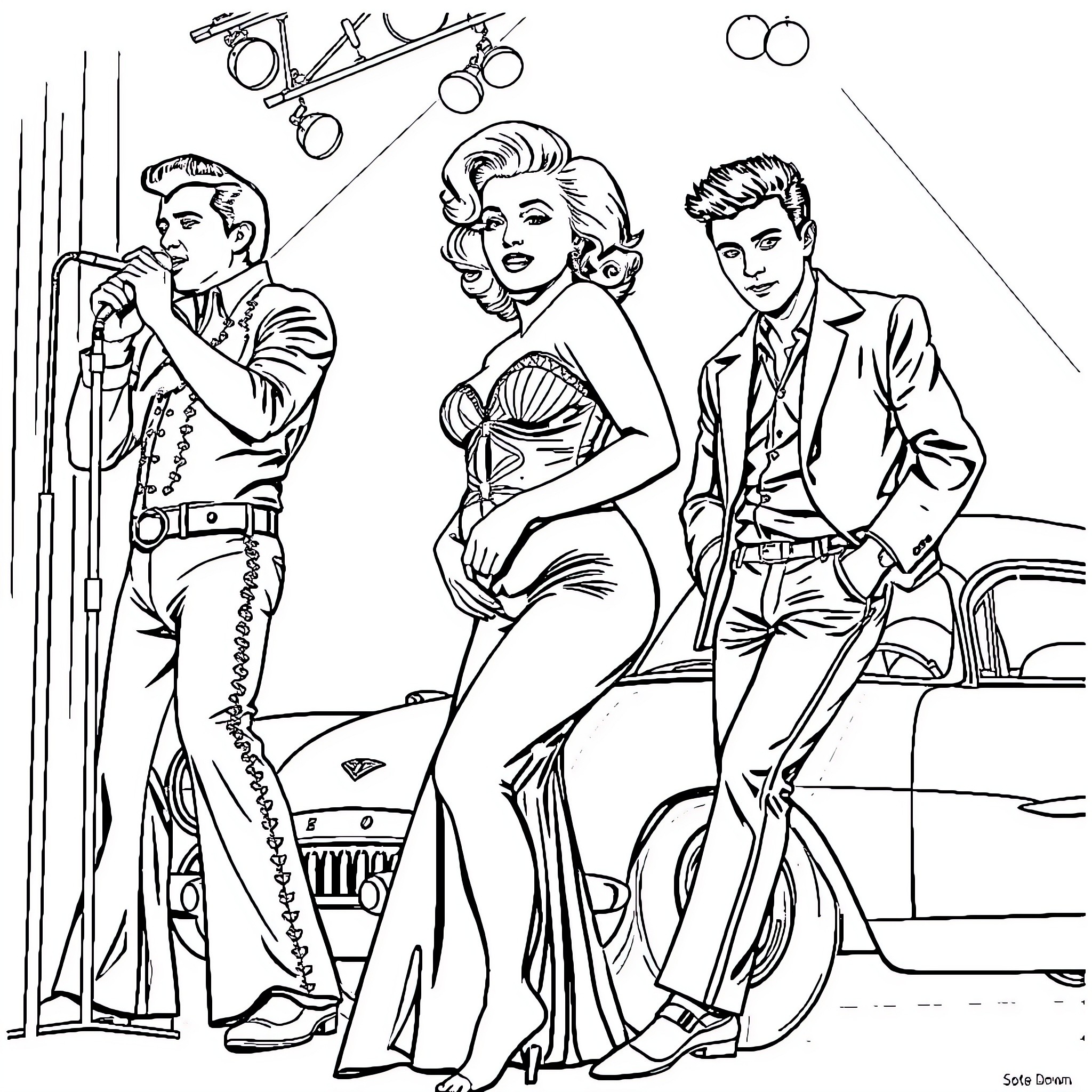 Celebrity glamorous trio at a film premiere Coloring Page (free black-and-white line drawing printable PDF for all, from beginners to advanced learners, including children, teens, adults, and seniors)