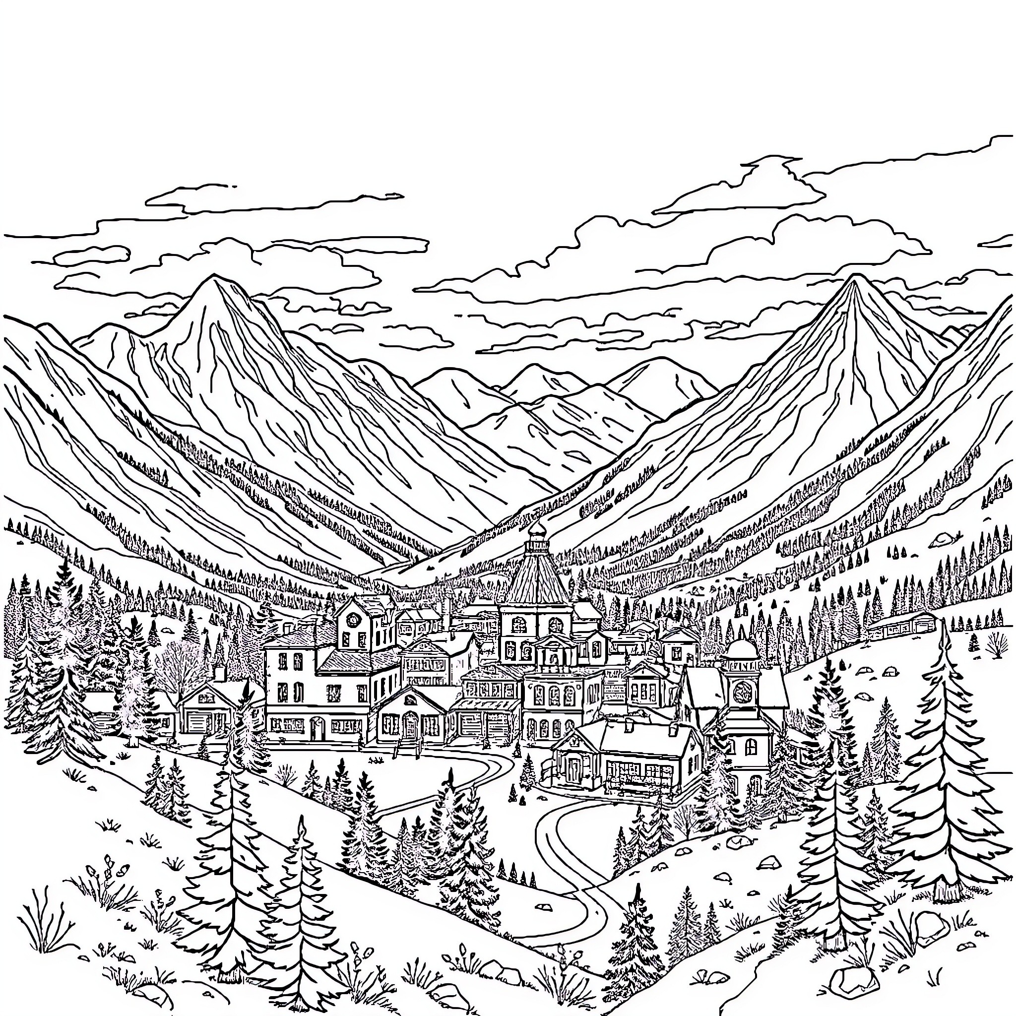 Town nestled in scenic mountain landscape Coloring Page (free black-and-white line drawing printable PDF for all, from beginners to advanced learners, including children, teens, adults, and seniors)