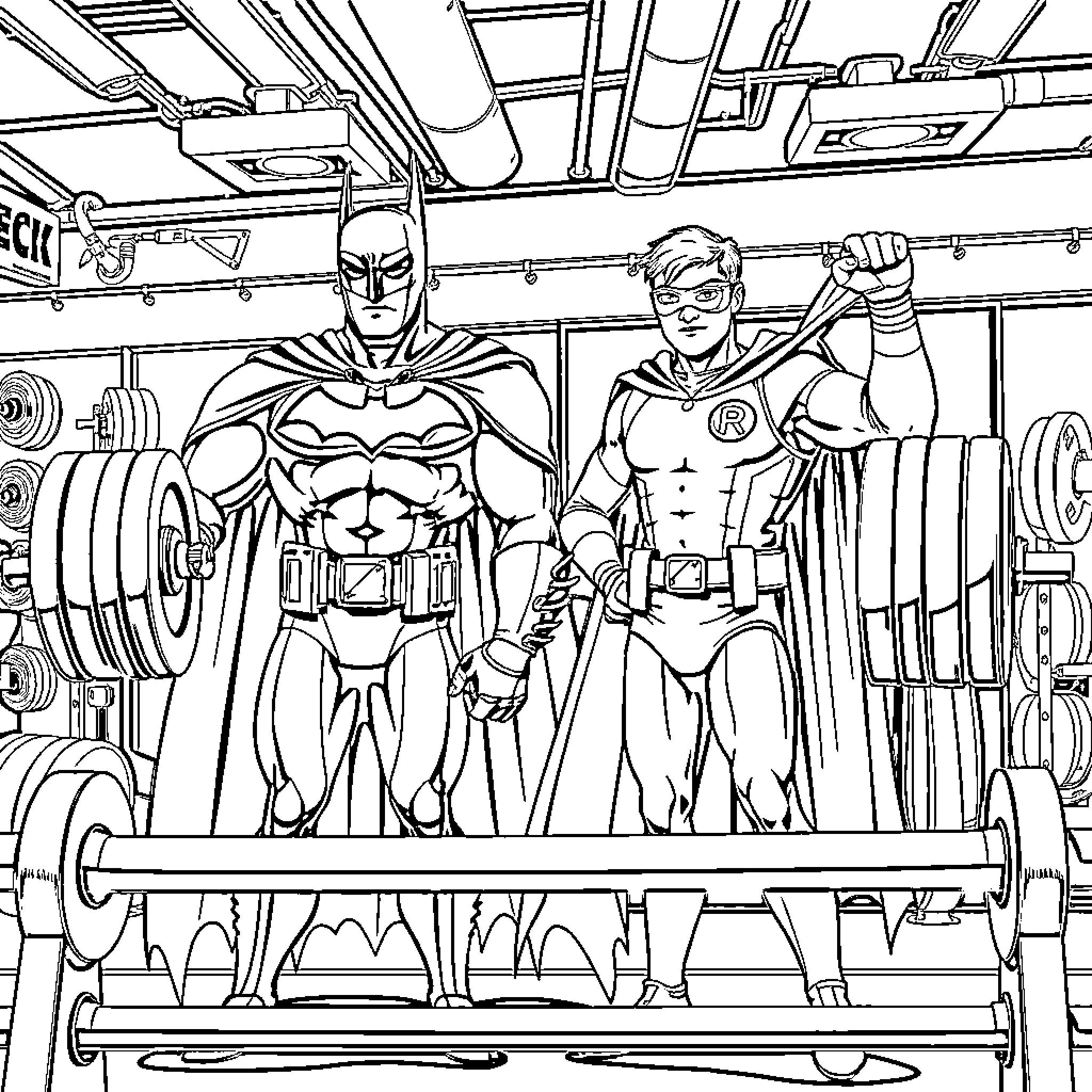 Batman and Robin Workout Session in the Batcave Coloring Page (free black-and-white line drawing printable PDF for all, from beginners to advanced learners, including children, teens, adults, and seniors)