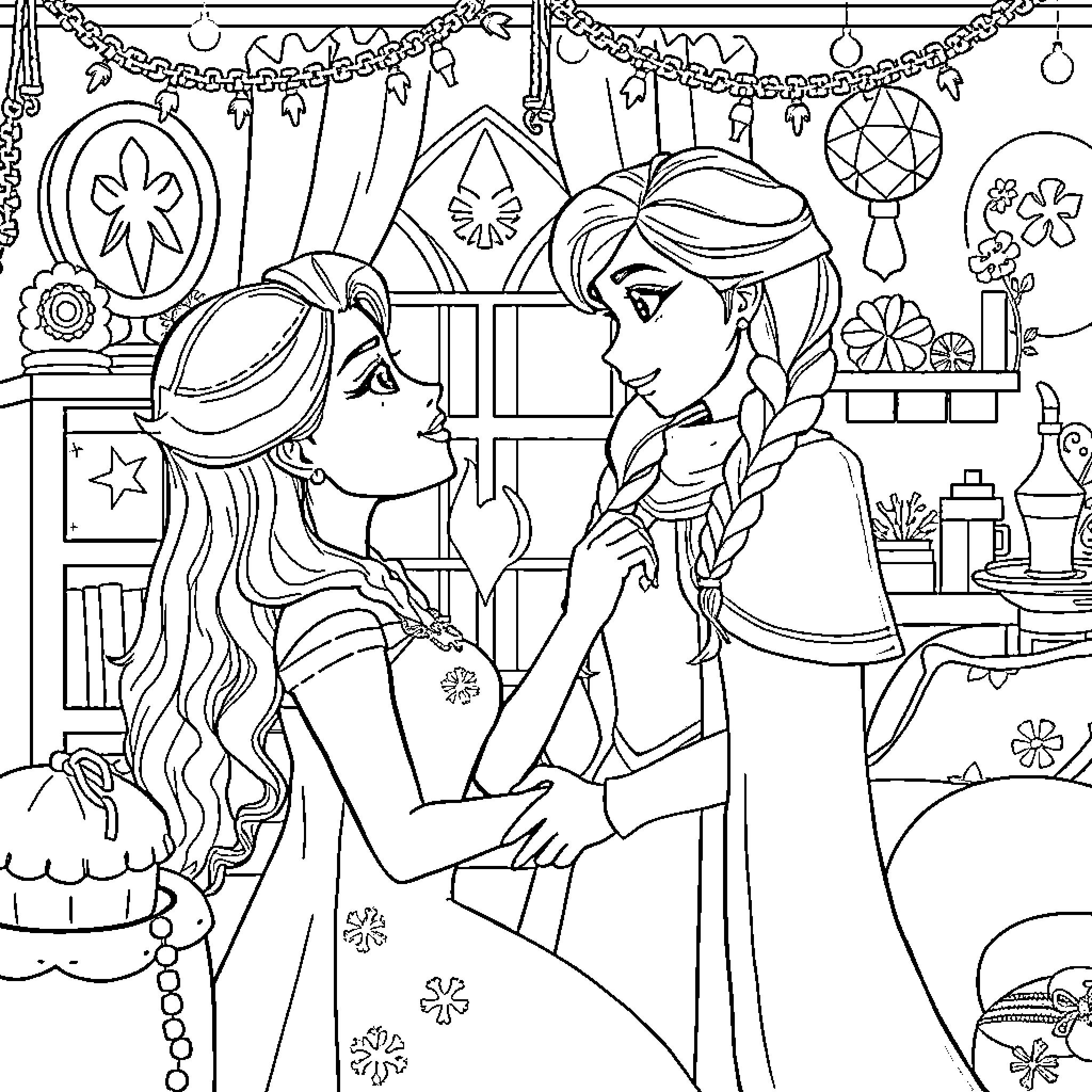 Ariana Grande characters in cozy winter setting Coloring Page (free black-and-white line drawing printable PDF for all, from beginners to advanced learners, including children, teens, adults, and seniors)