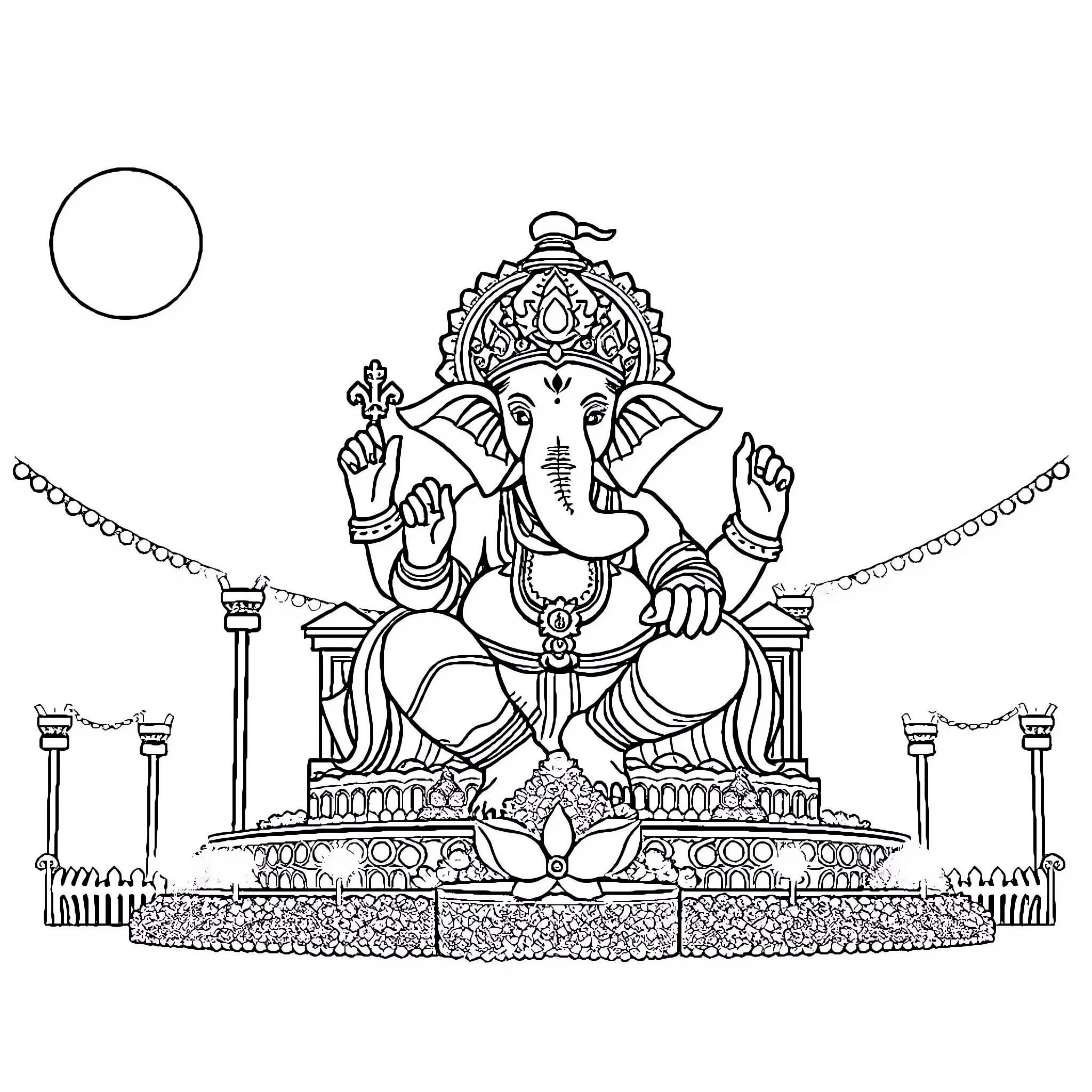 Lalbhag Ka Raja: Ornate Deity Seated on Throne Coloring Page (free black-and-white line drawing printable PDF for all, from beginners to advanced learners, including children, teens, adults, and seniors)