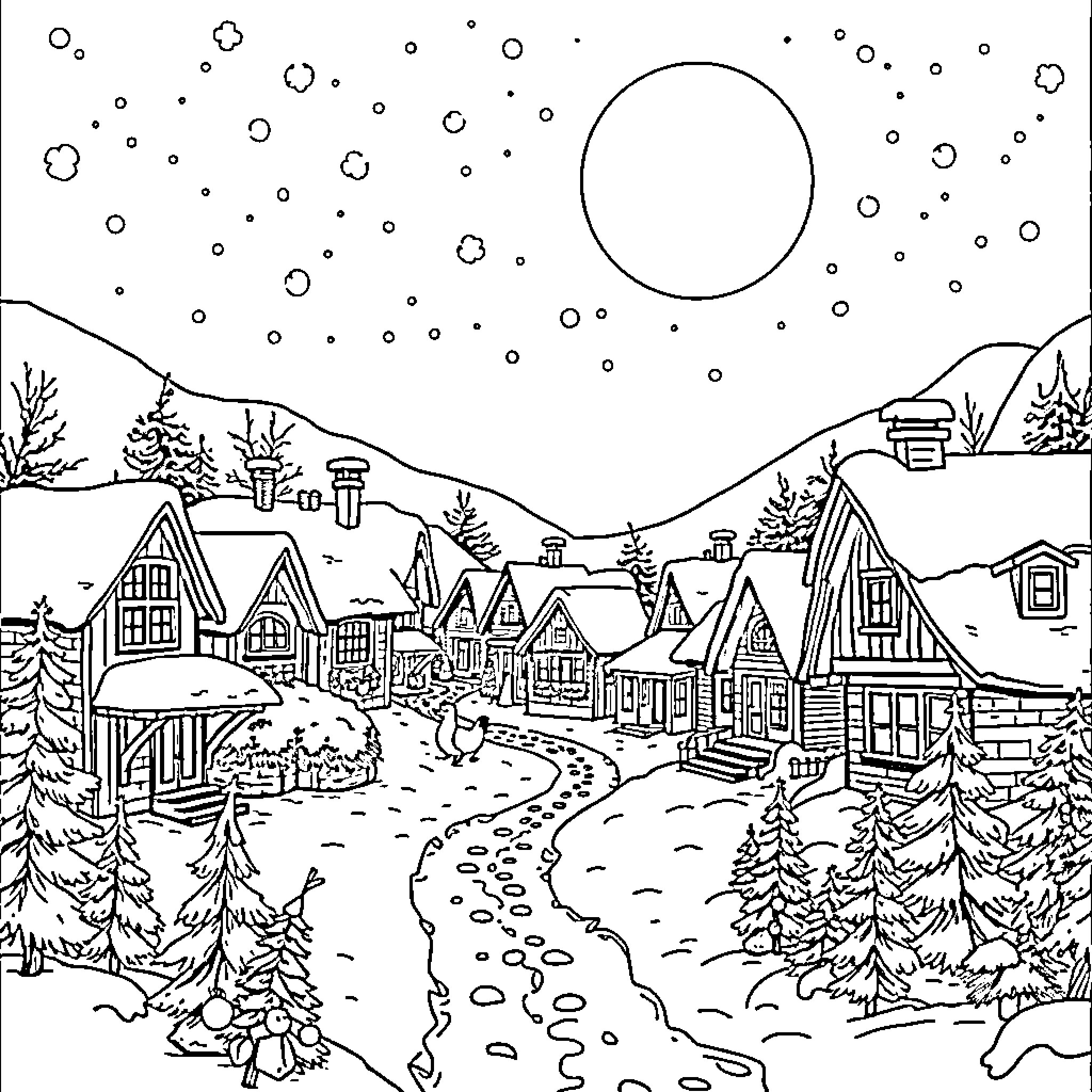 Santa's Snowy Wonderland Village Coloring Page (free black-and-white line drawing printable PDF for all, from beginners to advanced learners, including children, teens, adults, and seniors)