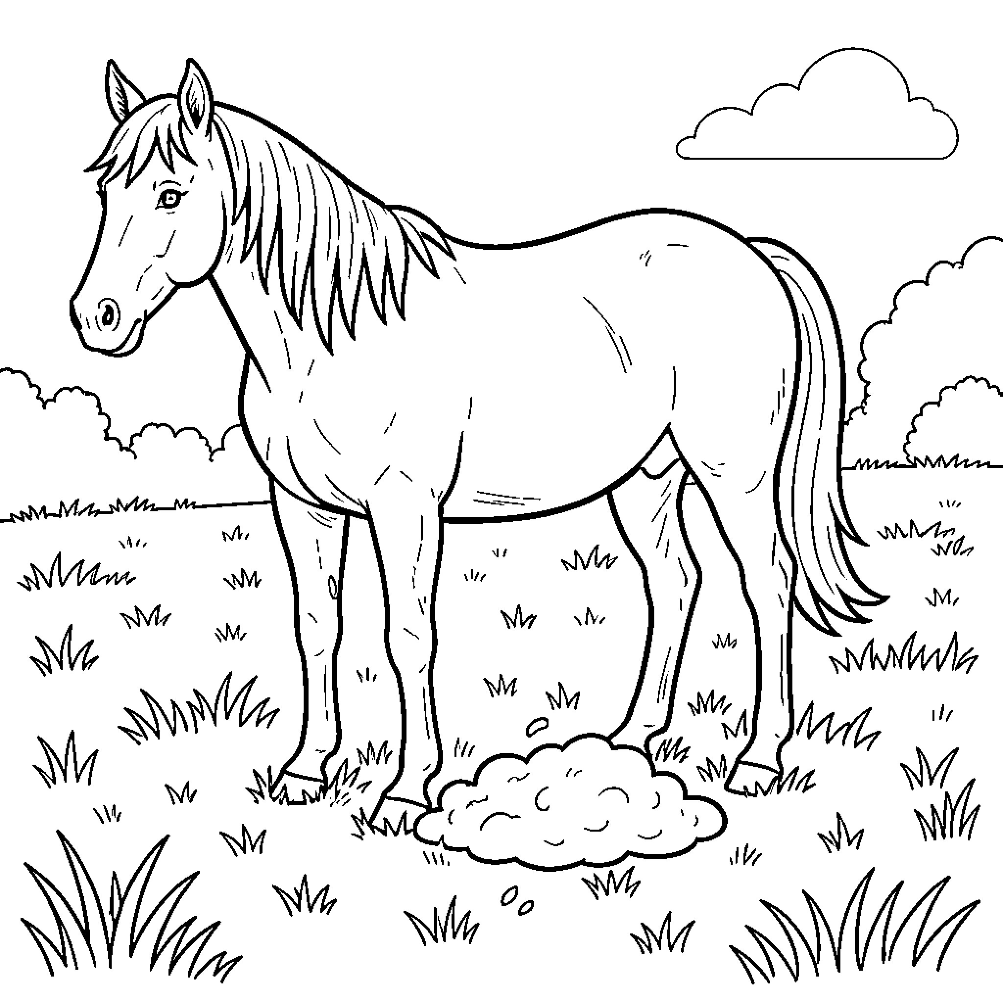 Horse standing in a grassy field with clouds Coloring Page (free black-and-white line drawing printable PDF for all, from beginners to advanced learners, including children, teens, adults, and seniors)