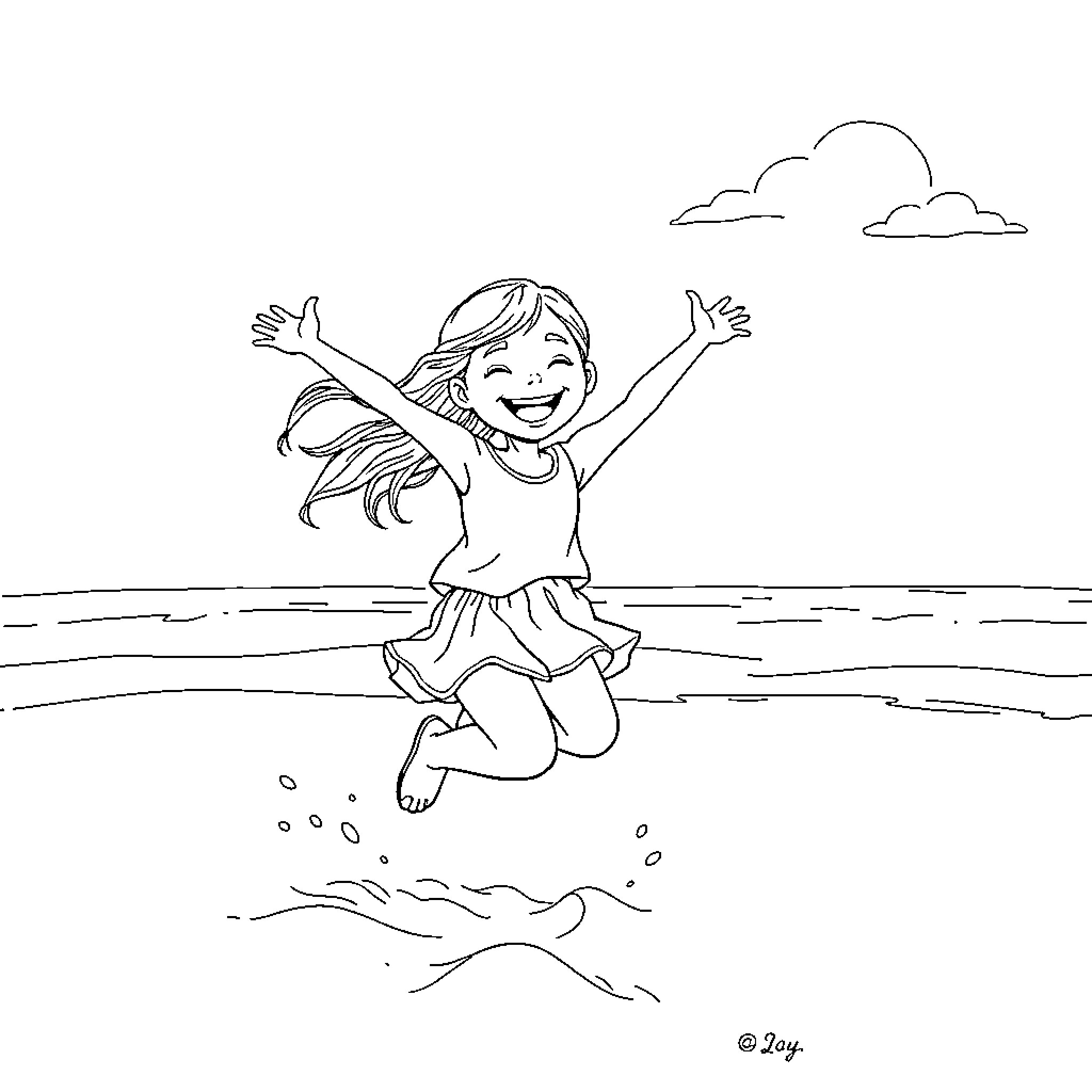 Girl joyfully jumping in the water Coloring Page (free black-and-white line drawing printable PDF for all, from beginners to advanced learners, including children, teens, adults, and seniors)