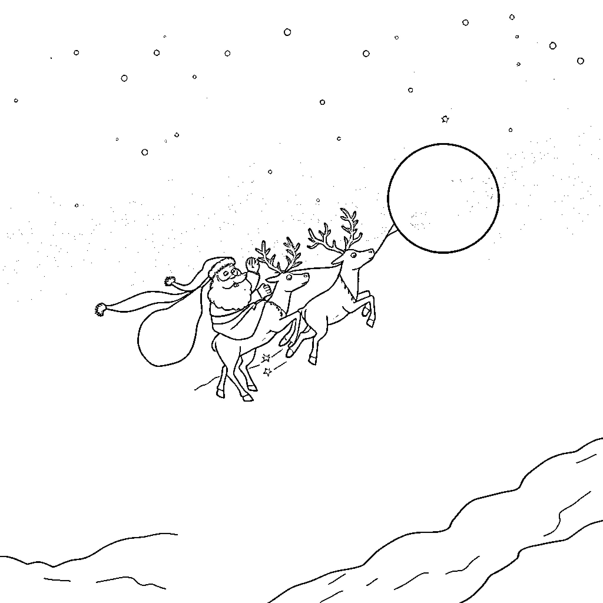Santa riding a deer under the starry night sky Coloring Page (free black-and-white line drawing printable PDF for all, from beginners to advanced learners, including children, teens, adults, and seniors)