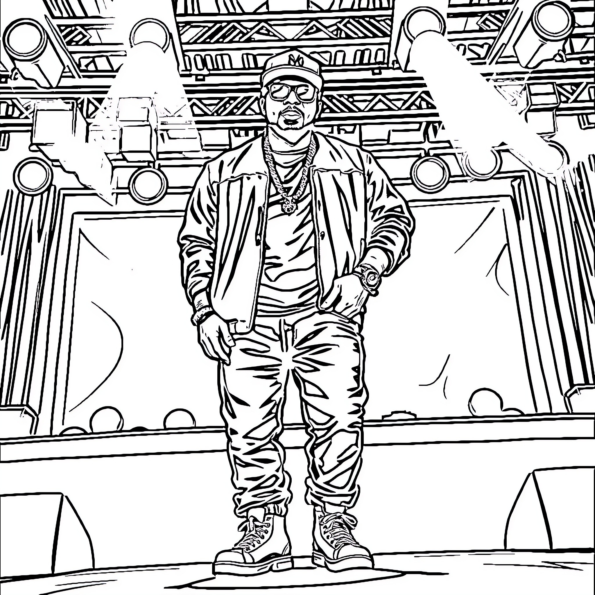 Rapper performing on stage with elaborate backdrop Coloring Page (free black-and-white line drawing printable PDF for all, from beginners to advanced learners, including children, teens, adults, and seniors)
