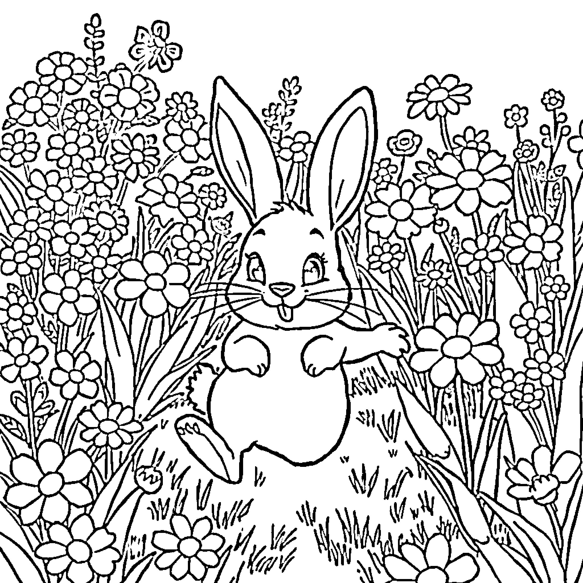 Rabbit hiding in the garden of flowers Coloring Page (free black-and-white line drawing printable PDF for all, from beginners to advanced learners, including children, teens, adults, and seniors)