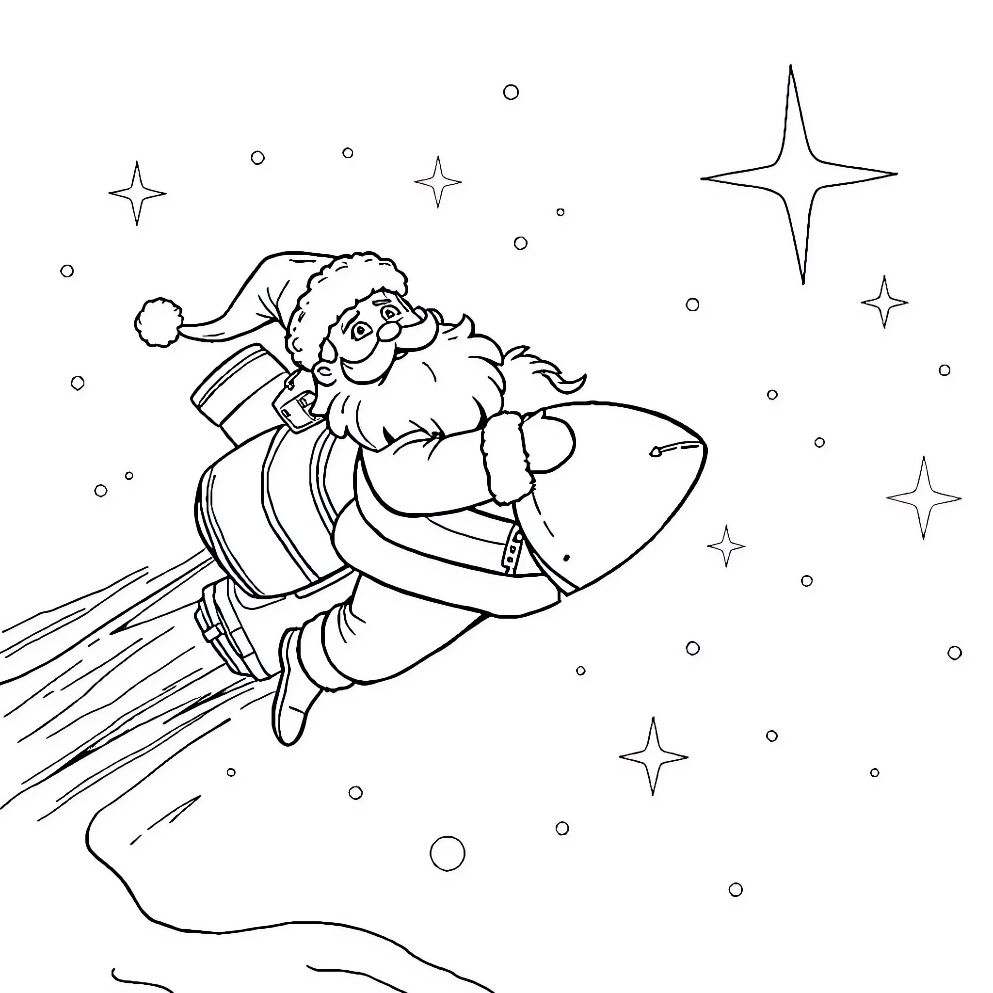 Santa Claus riding a rocket through the starry night Coloring Page (free black-and-white line drawing printable PDF for all, from beginners to advanced learners, including children, teens, adults, and seniors)