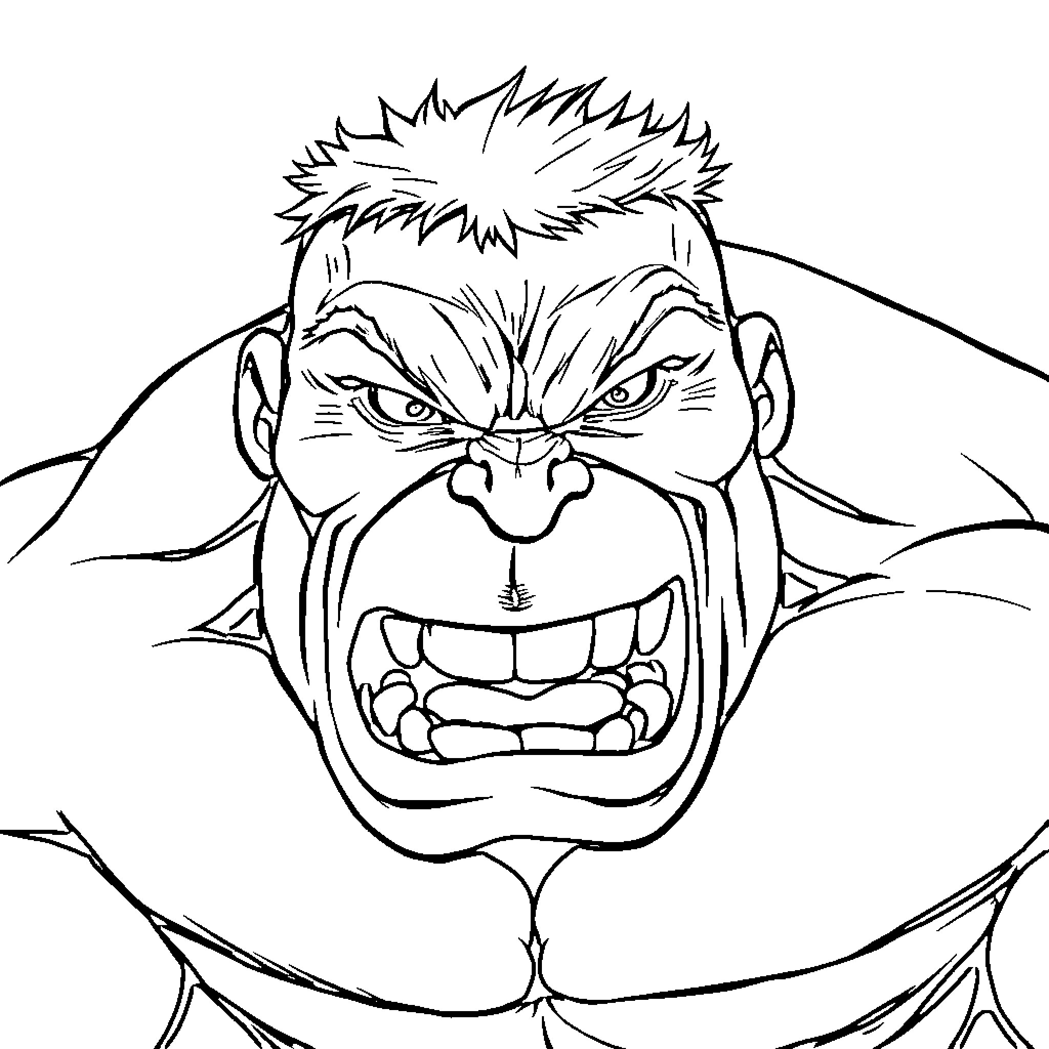 Hulk expressing intense anger and ferocity Coloring Page (free black-and-white line drawing printable PDF for all, from beginners to advanced learners, including children, teens, adults, and seniors)