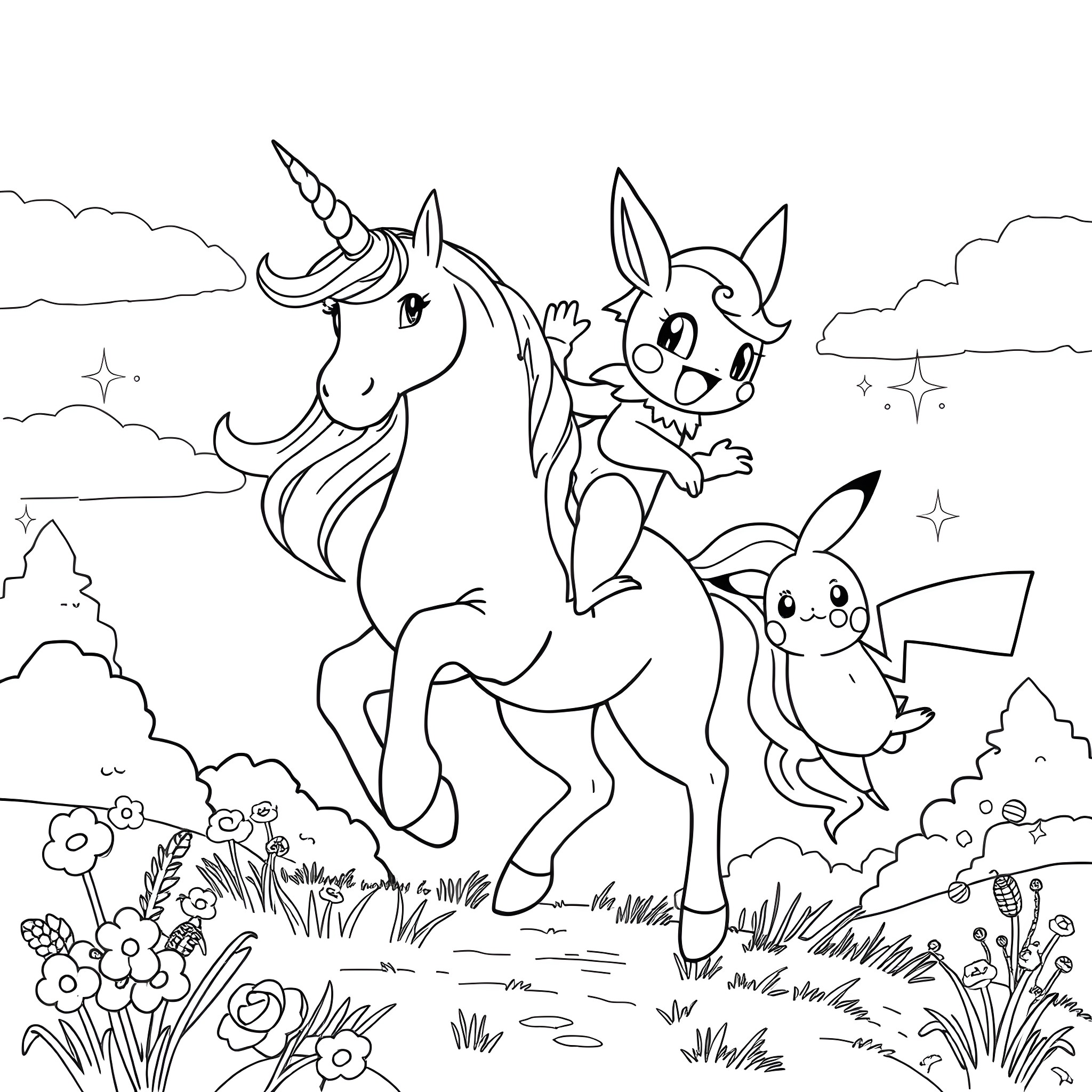 Bluey and unicorn friends in a magical meadow Coloring Page (free black-and-white line drawing printable PDF for all, from beginners to advanced learners, including children, teens, adults, and seniors)