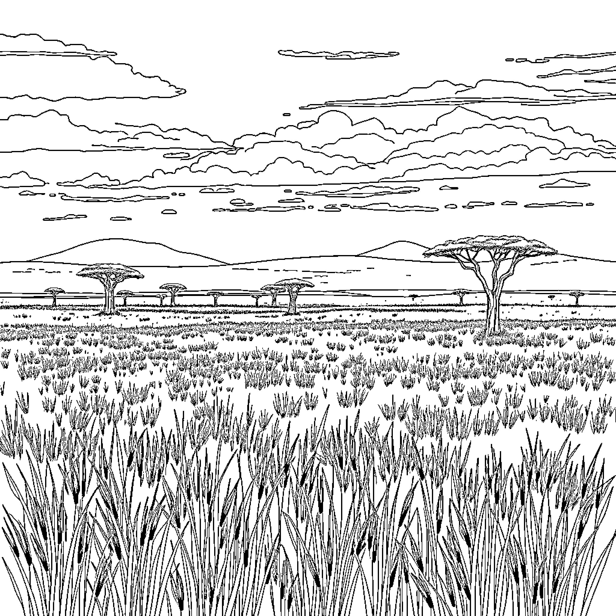Savannah landscape with grassland and acacia trees Coloring Page (free black-and-white line drawing printable PDF for all, from beginners to advanced learners, including children, teens, adults, and seniors)