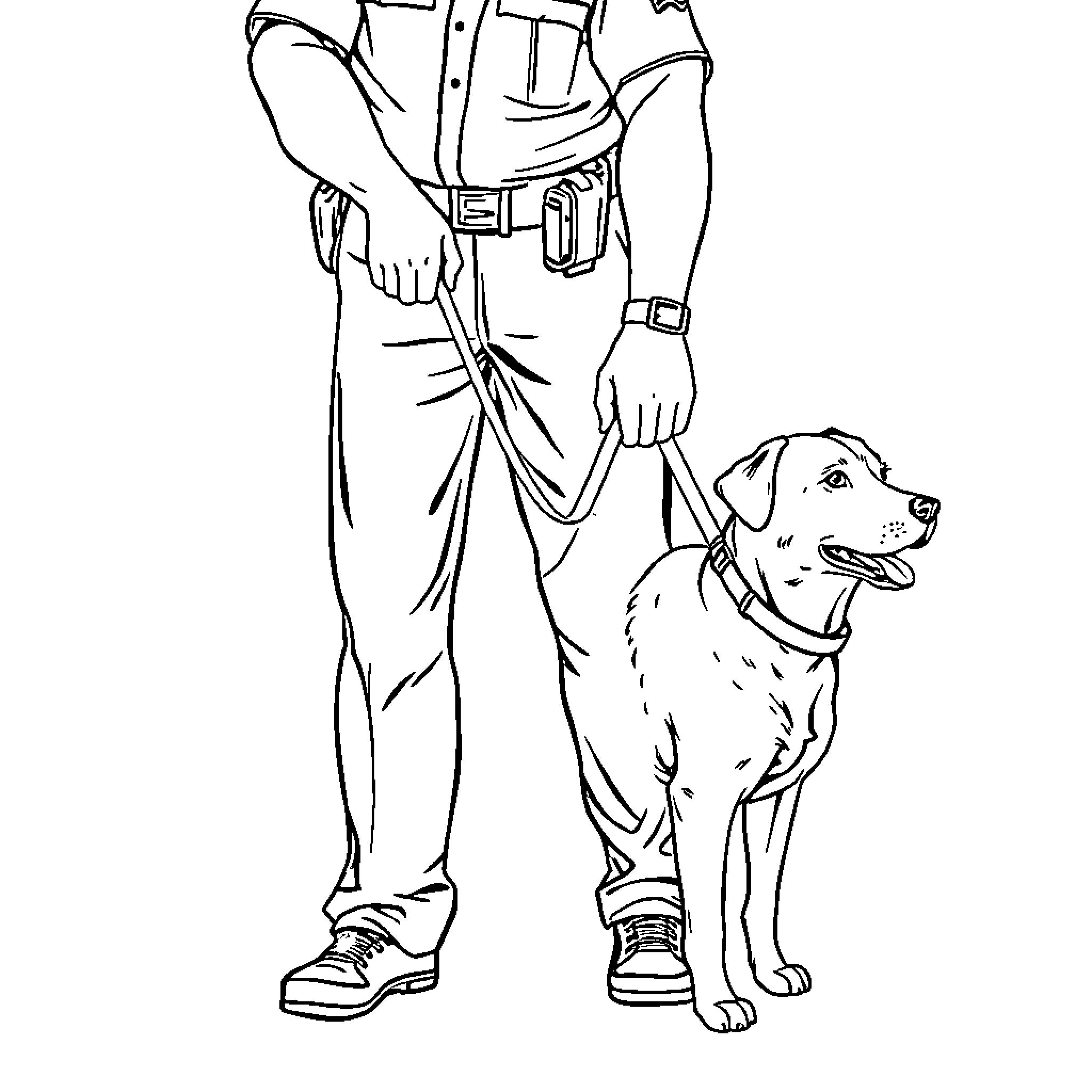 Dog assisting law enforcement officer Coloring Page (free black-and-white line drawing printable PDF for all, from beginners to advanced learners, including children, teens, adults, and seniors)