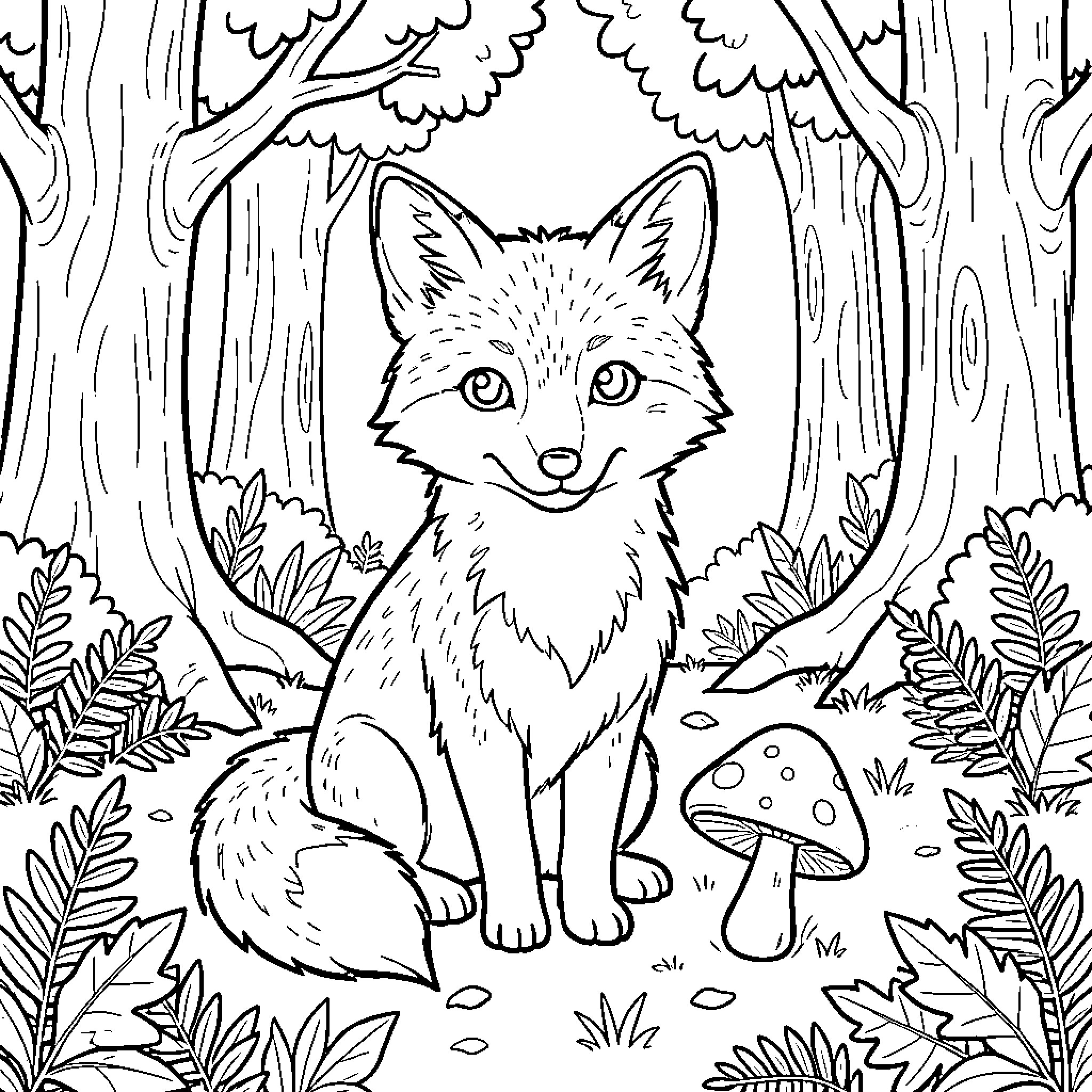 Fox sitting peacefully in a lush forest Coloring Page (free black-and-white line drawing printable PDF for all, from beginners to advanced learners, including children, teens, adults, and seniors)