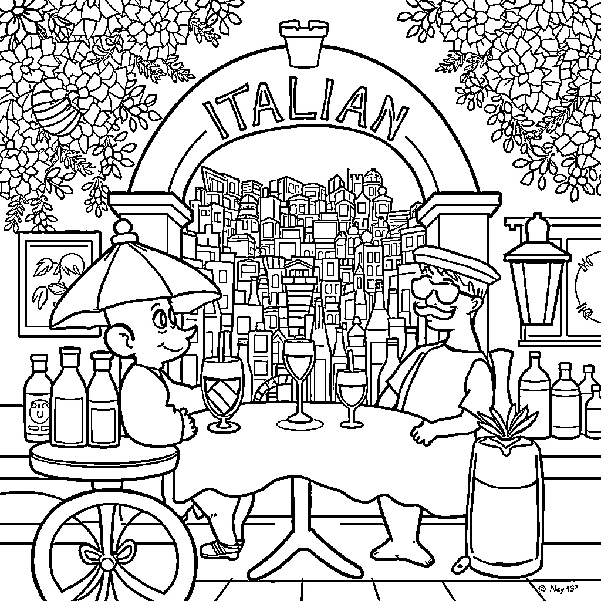 Brain exploring Italian culture and cuisine Coloring Page (free black-and-white line drawing printable PDF for all, from beginners to advanced learners, including children, teens, adults, and seniors)