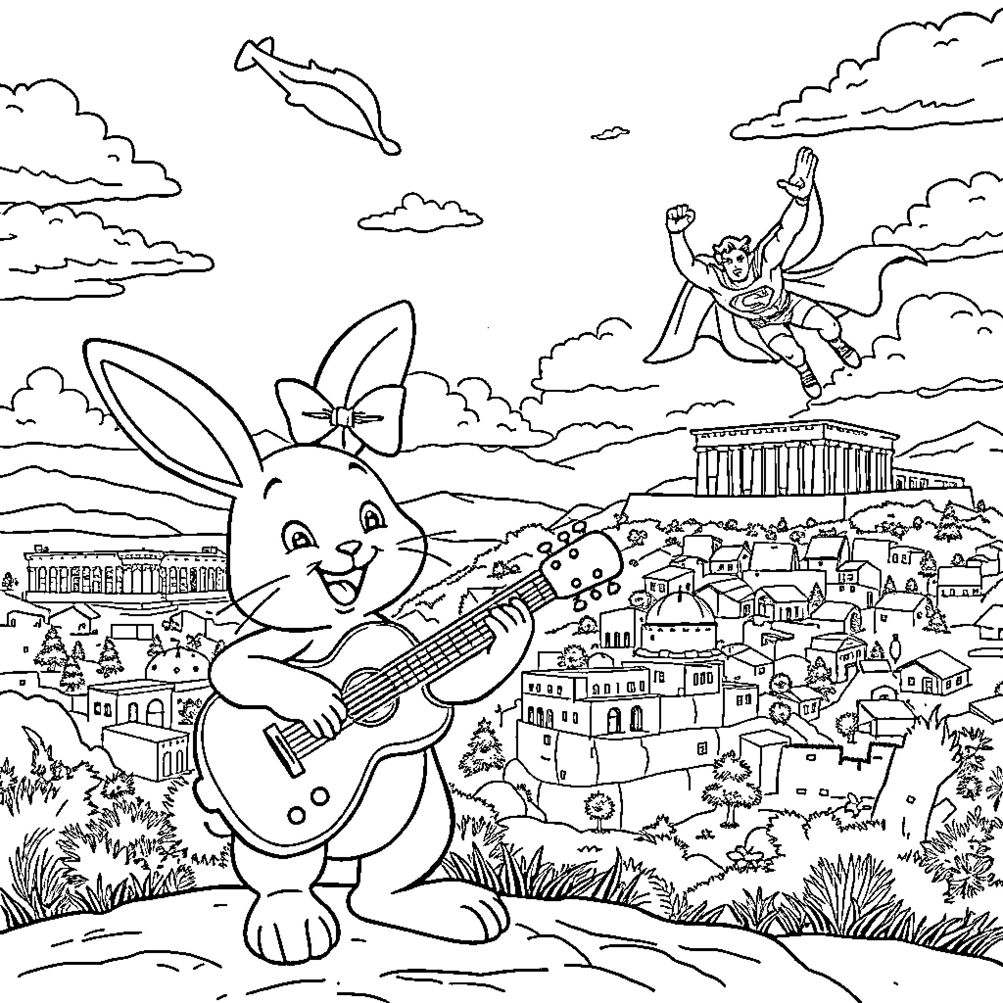 Bunny musician serenading the city skyline Coloring Page (free black-and-white line drawing printable PDF for all, from beginners to advanced learners, including children, teens, adults, and seniors)