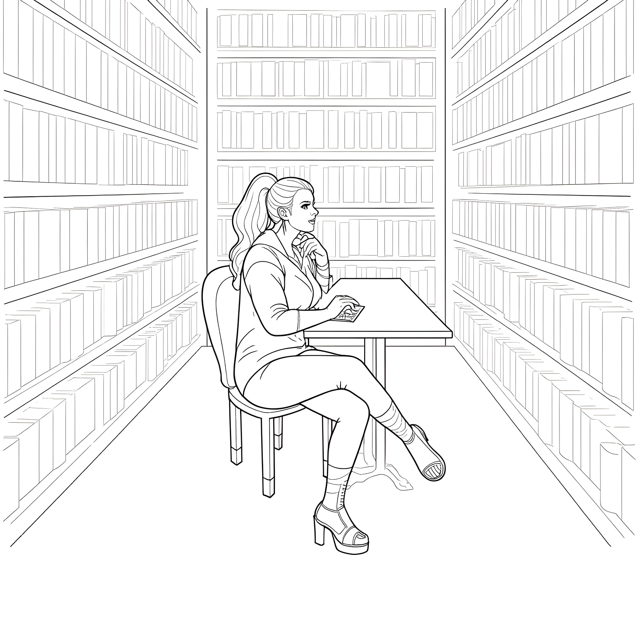 Jinx working diligently in the library Coloring Page (free black-and-white line drawing printable PDF for all, from beginners to advanced learners, including children, teens, adults, and seniors)