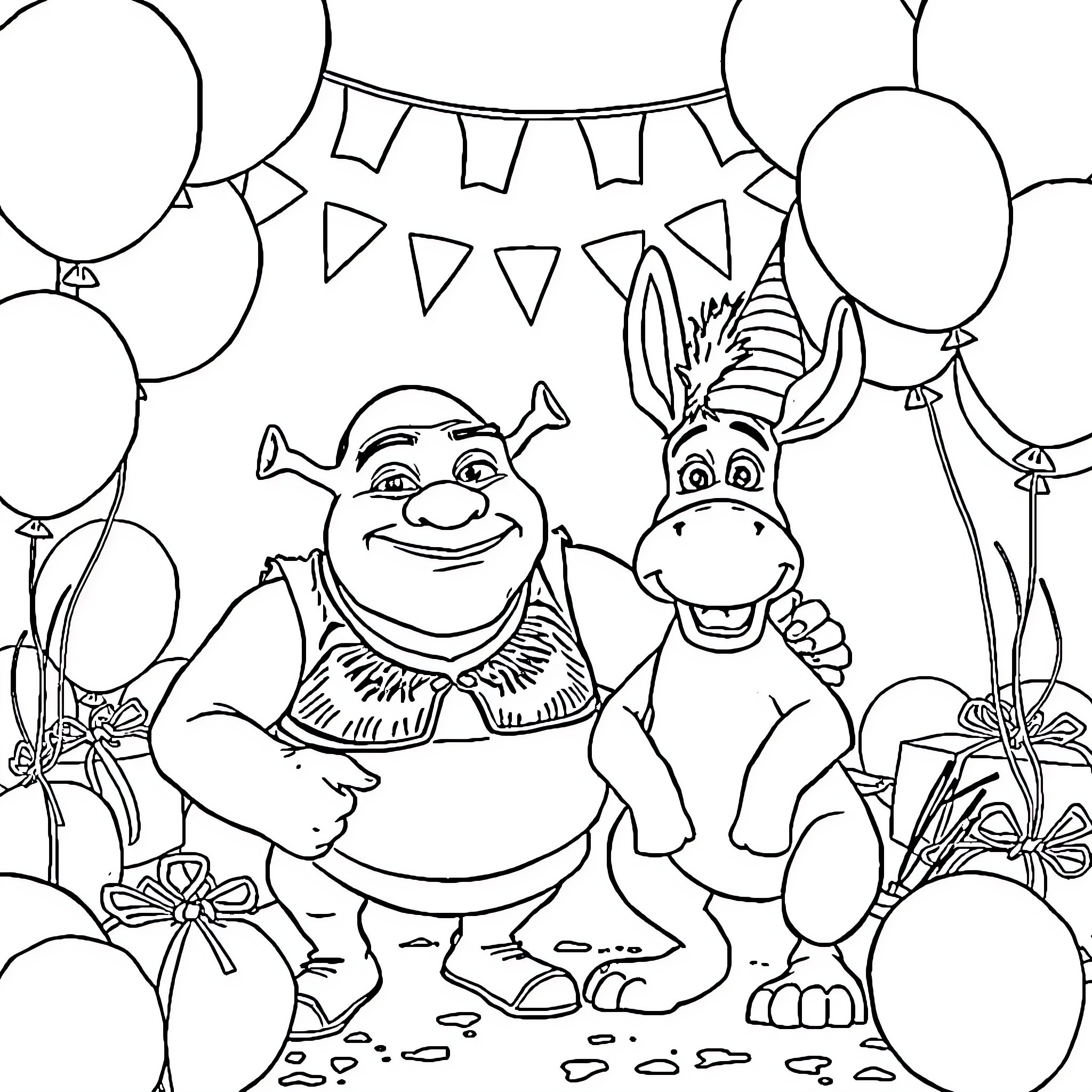 Shrek and Donkey celebrate with balloons and banners Coloring Page (free black-and-white line drawing printable PDF for all, from beginners to advanced learners, including children, teens, adults, and seniors)