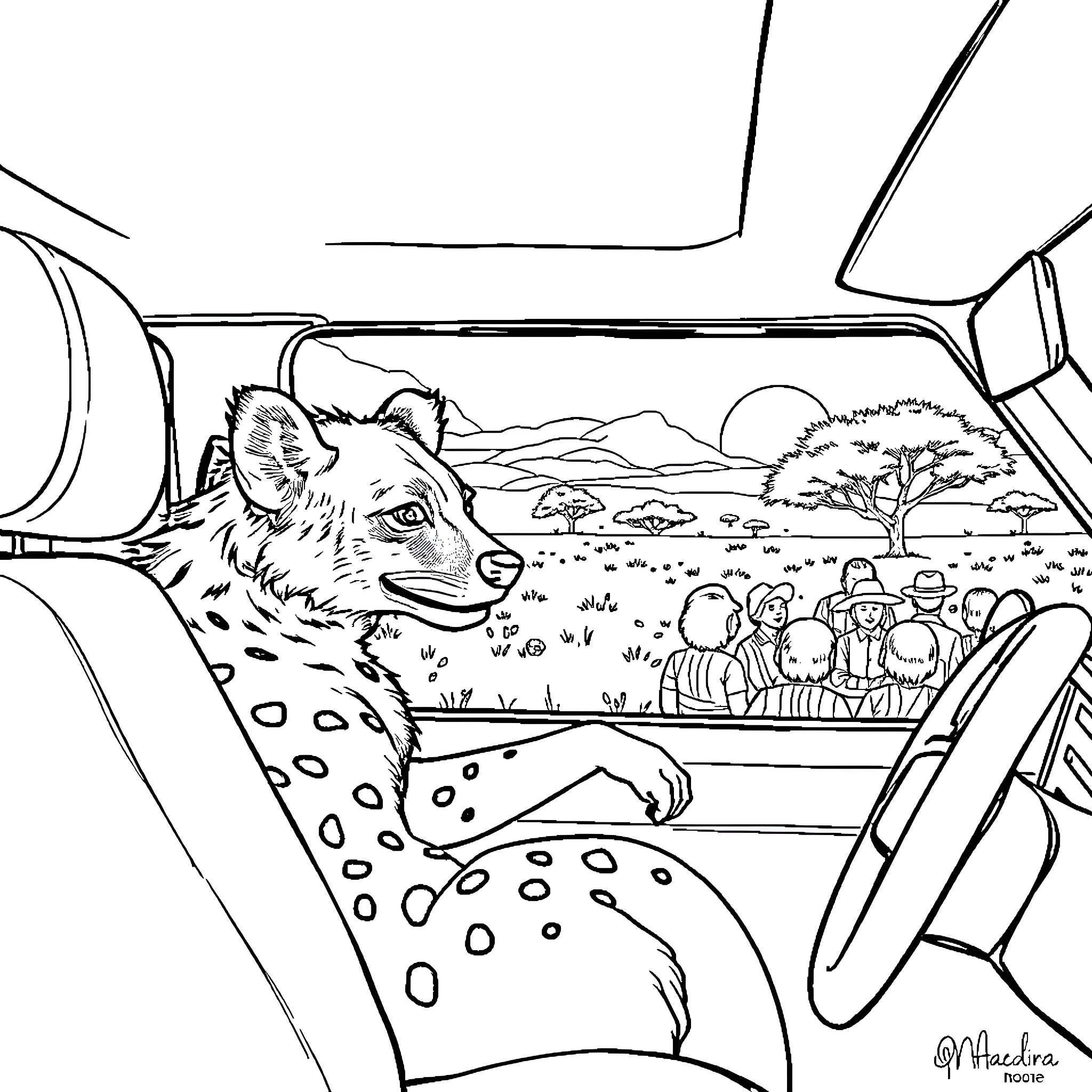 Hyena observing safari adventure from inside vehicle Coloring Page (free black-and-white line drawing printable PDF for all, from beginners to advanced learners, including children, teens, adults, and seniors)