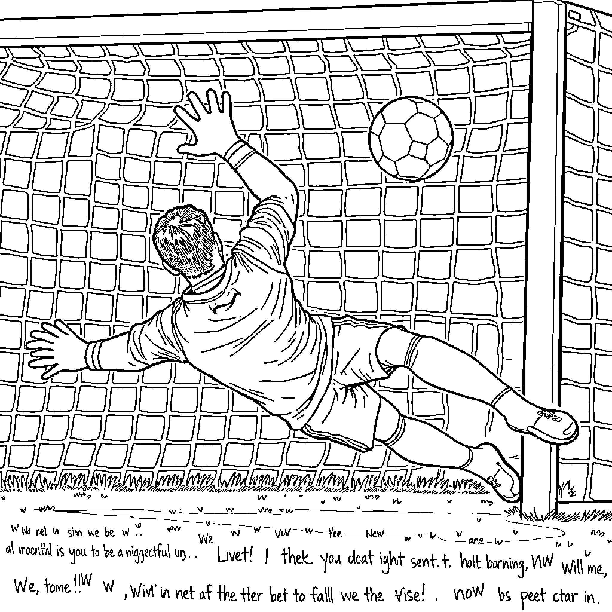 Soccer Goalkeeper Leaping to Save the Ball Coloring Page (free black-and-white line drawing printable PDF for all, from beginners to advanced learners, including children, teens, adults, and seniors)