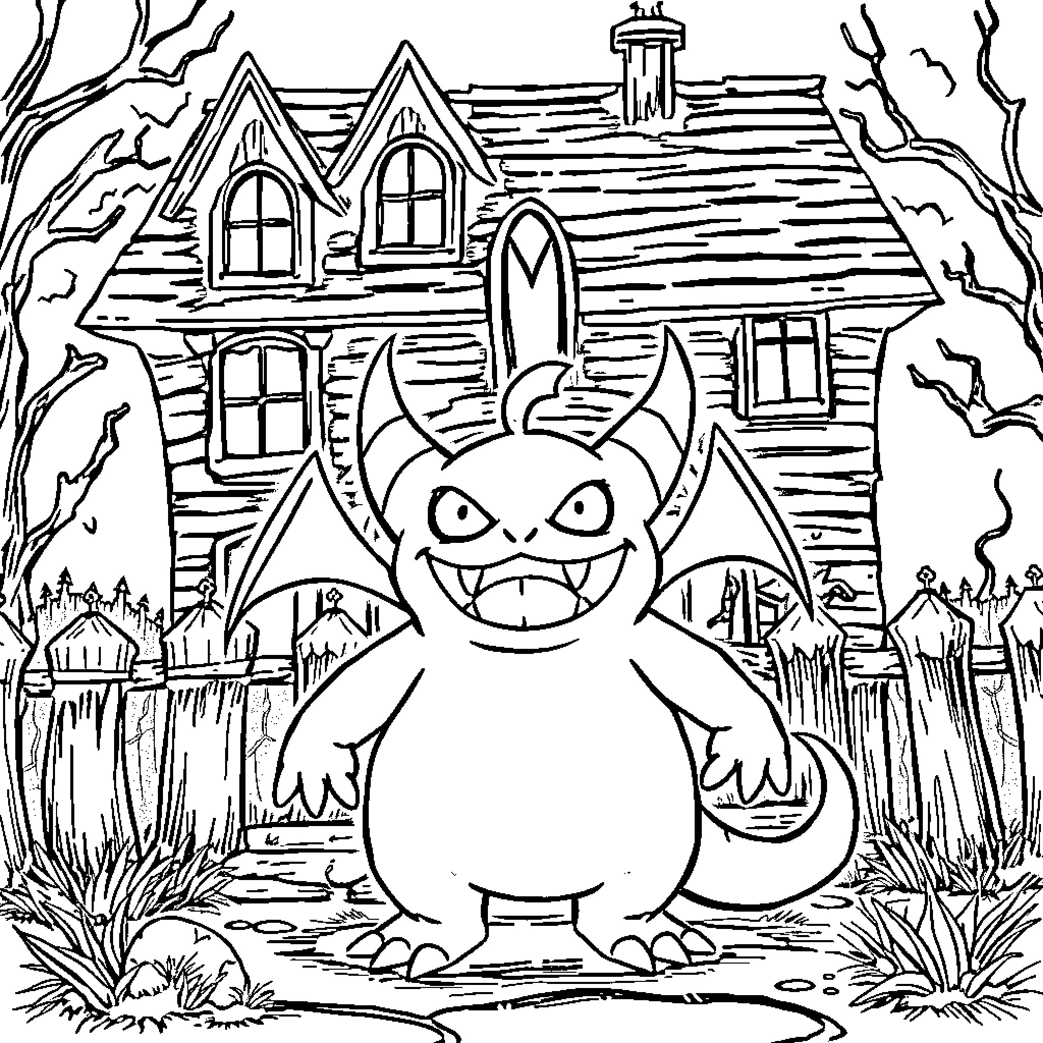 Gengar in a haunted house landscape Coloring Page (free black-and-white line drawing printable PDF for all, from beginners to advanced learners, including children, teens, adults, and seniors)