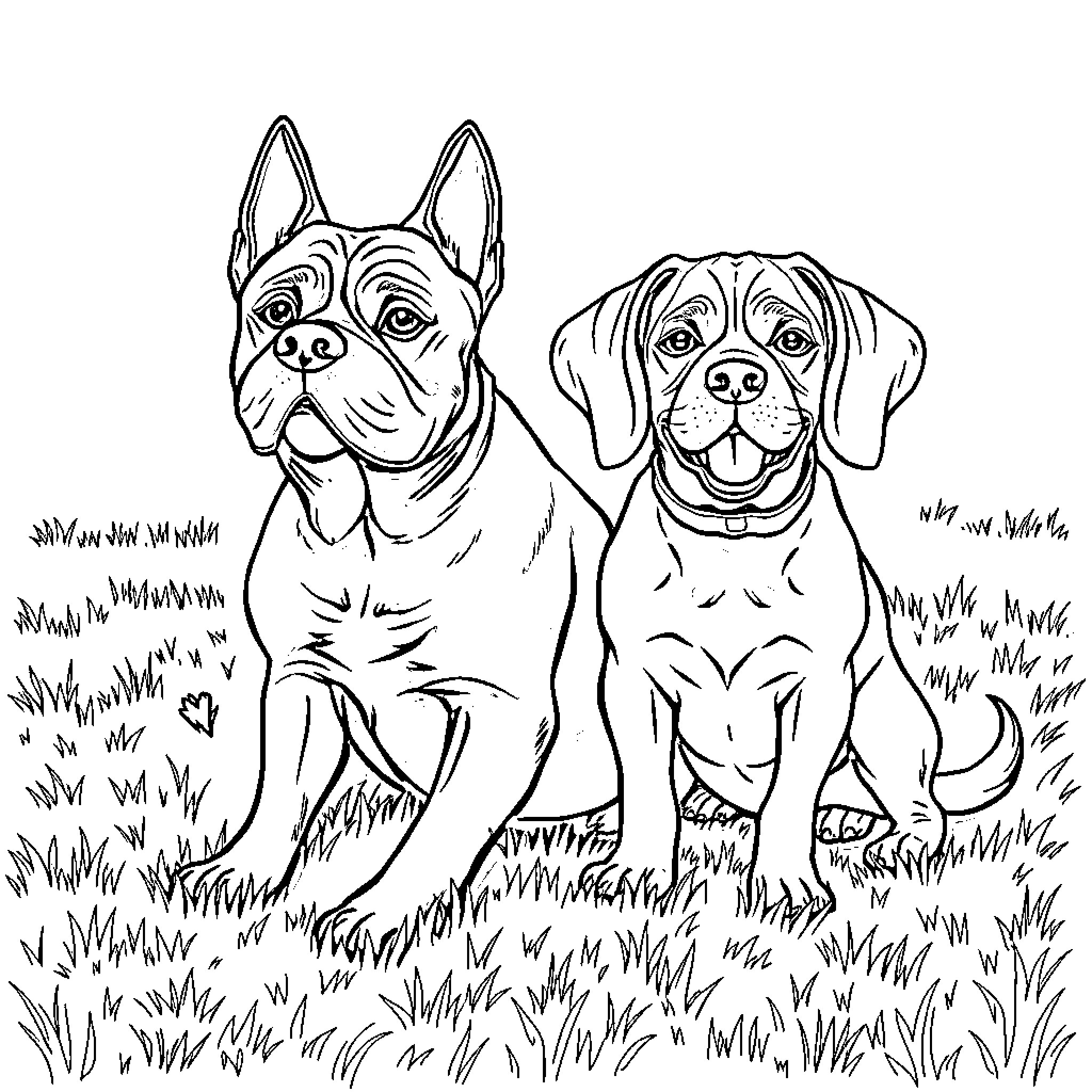 Dog friends relaxing in the grass Coloring Page (free black-and-white line drawing printable PDF for all, from beginners to advanced learners, including children, teens, adults, and seniors)